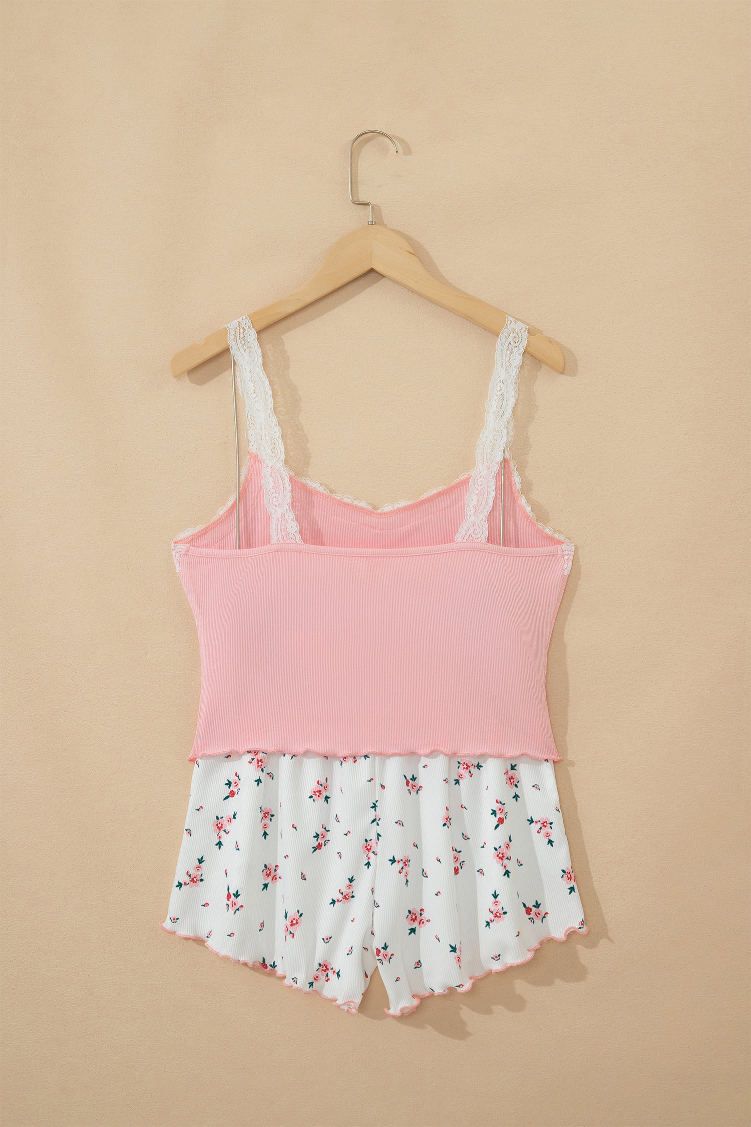 Pink Ribbed Knit Lace Straps Patchwork Lettuce Hem Cropped Top Floral Short Lounge Set 🇺🇸