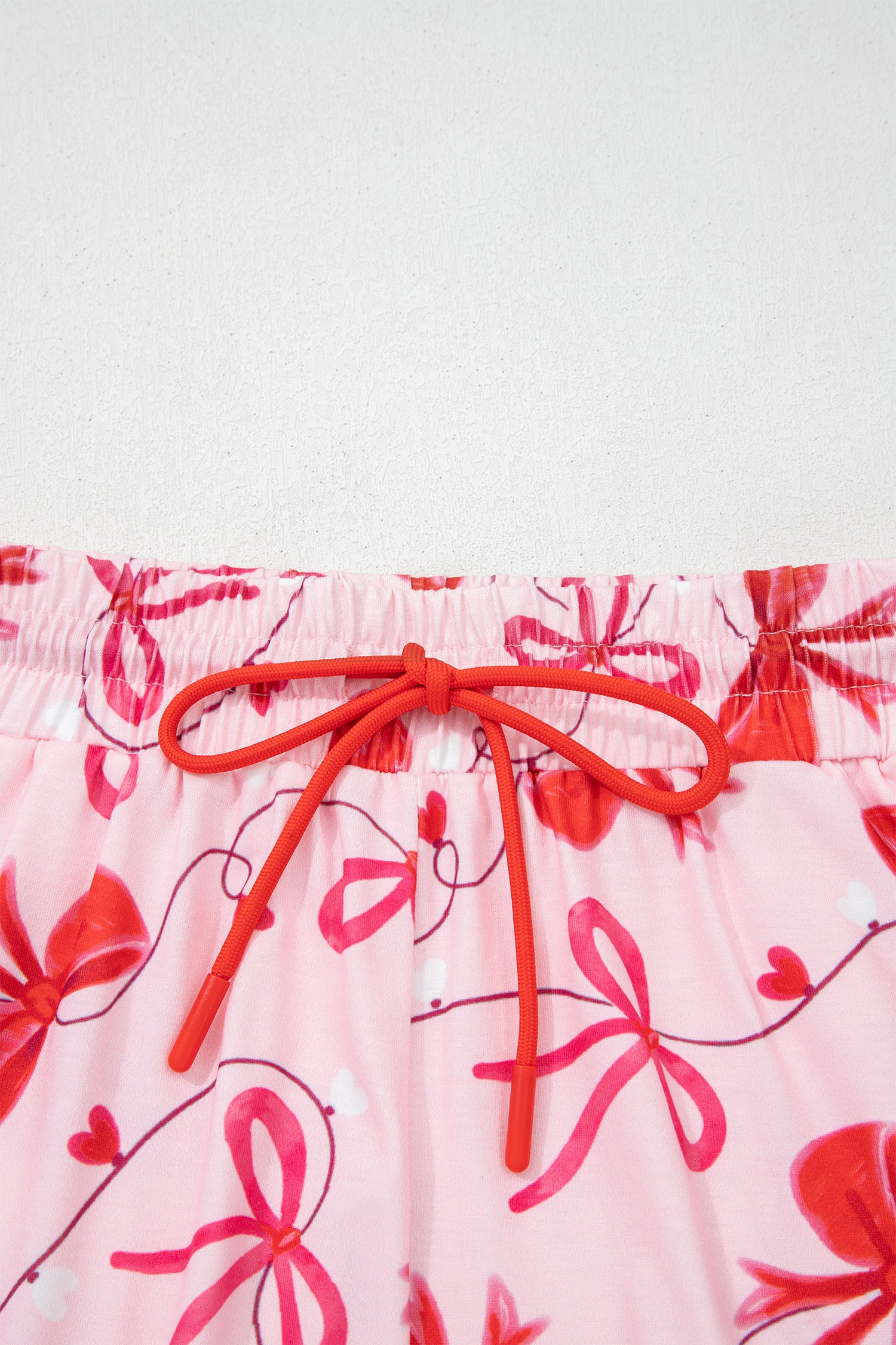 Red Romantic Bow Print Loose Tee Drawstring Shorts 2pcs Lounge Set 🇺🇸
