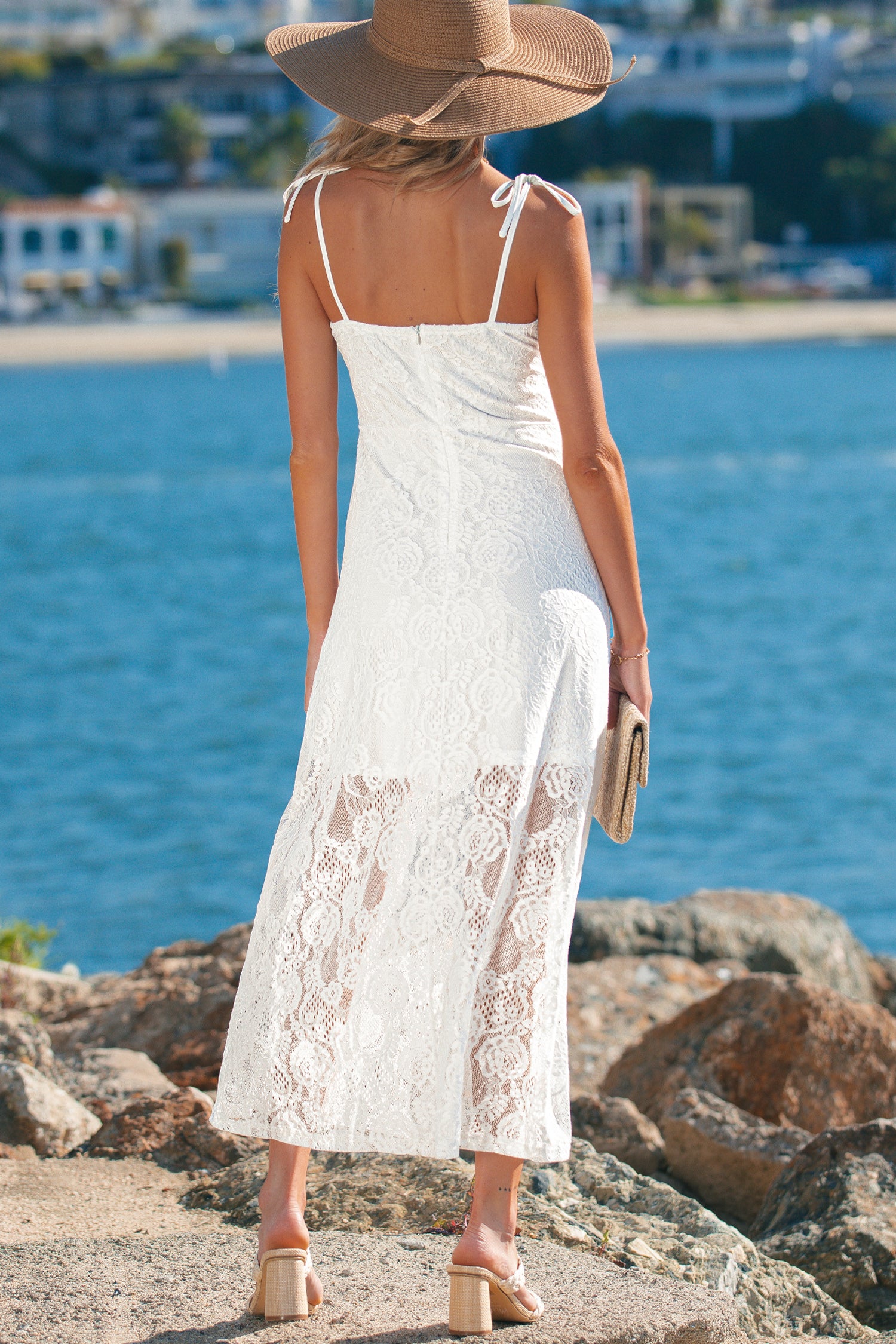 White Tie Spaghetti Straps Floral Lace Overlay Long Dress 🇺🇸