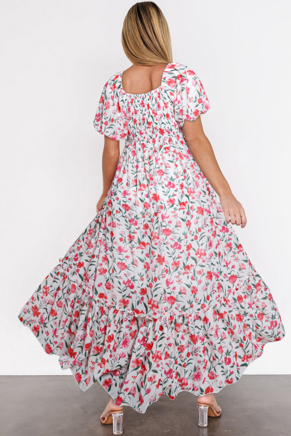 Pink Floral Puff Sleeve Square Neck Empire Waist Tiered Maxi Dress 🇨🇳