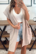 Parchment Ribbed Pocketed Short Sleeve Open Front Top 🇺🇸