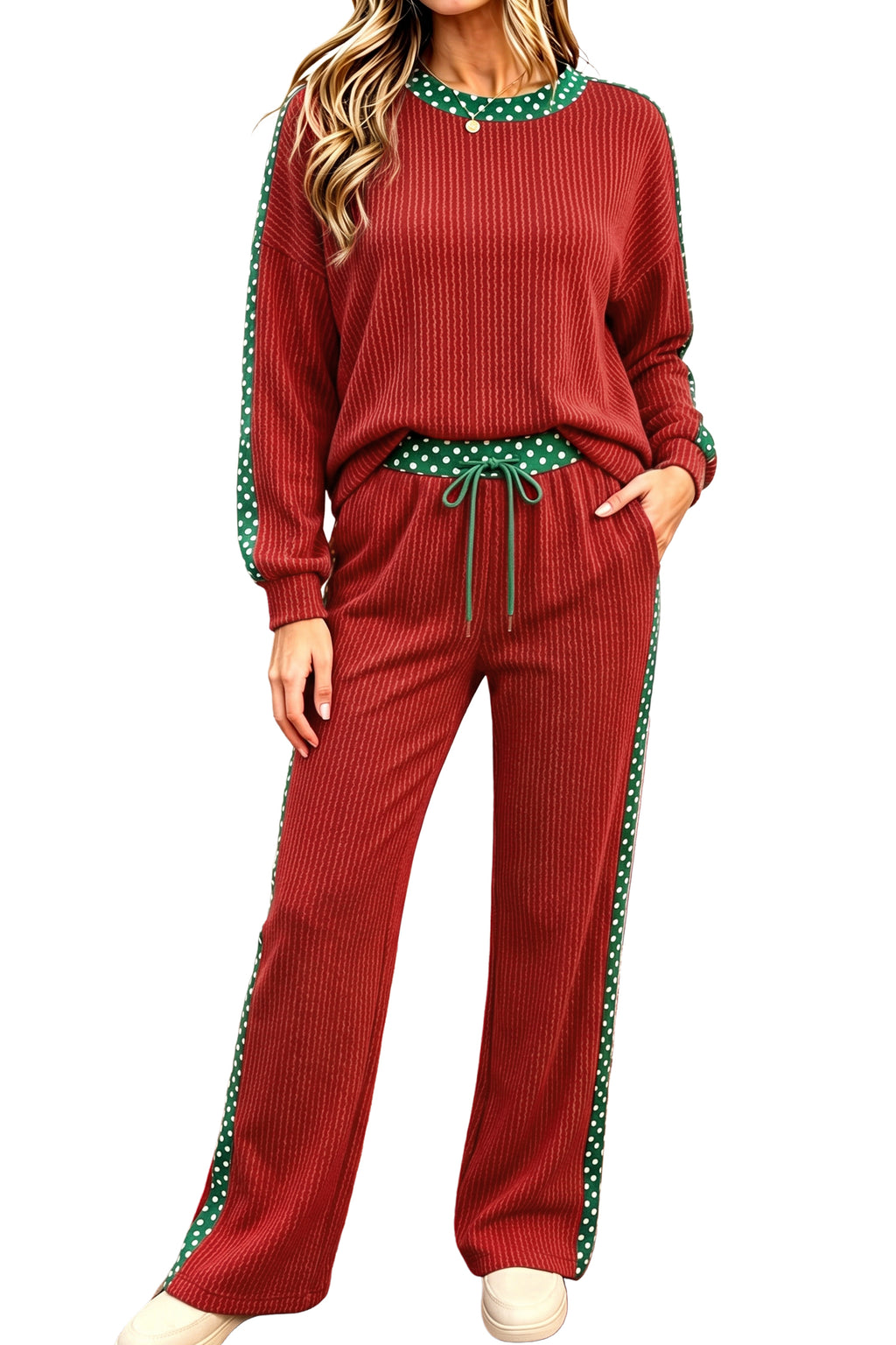 Simply Taupe Cozy Ribbed Patchwork Leopard Trim Long Sleeve 2pcs Pant Set 🇺🇸
