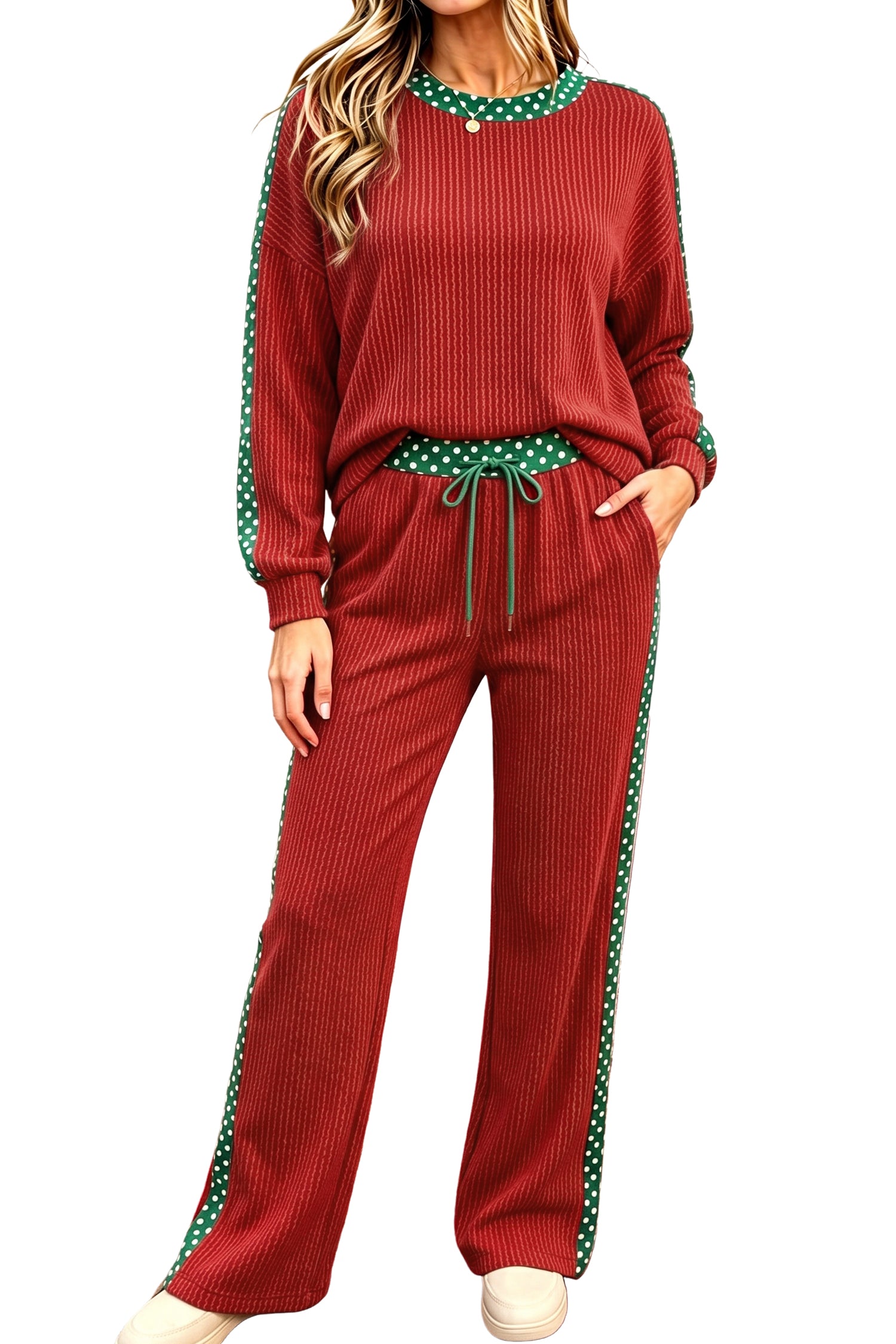Simply Taupe Cozy Ribbed Patchwork Leopard Trim Long Sleeve 2pcs Pant Set 🇺🇸