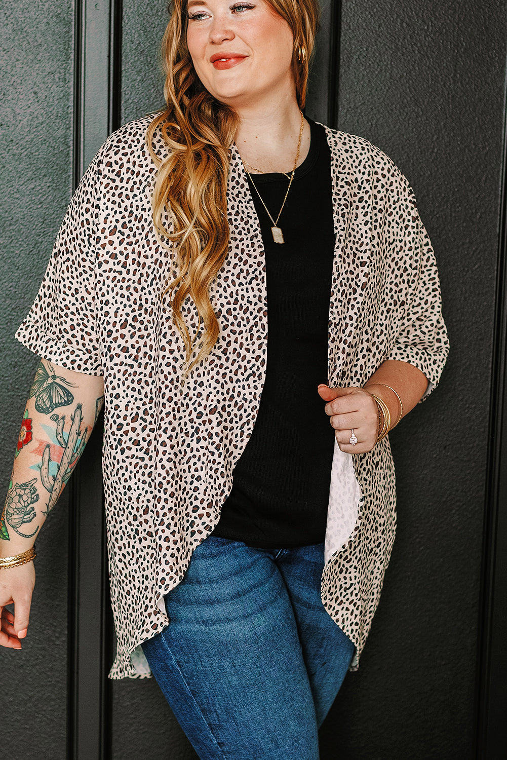 Khaki Plus Size Leopard Print Half Sleeve Open Front Cardigan  🇺🇸
