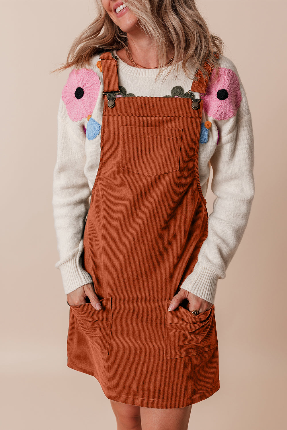Cinnamon Solid Front Pockets Sleeveless Corduroy Overall Dress 🇺🇸
