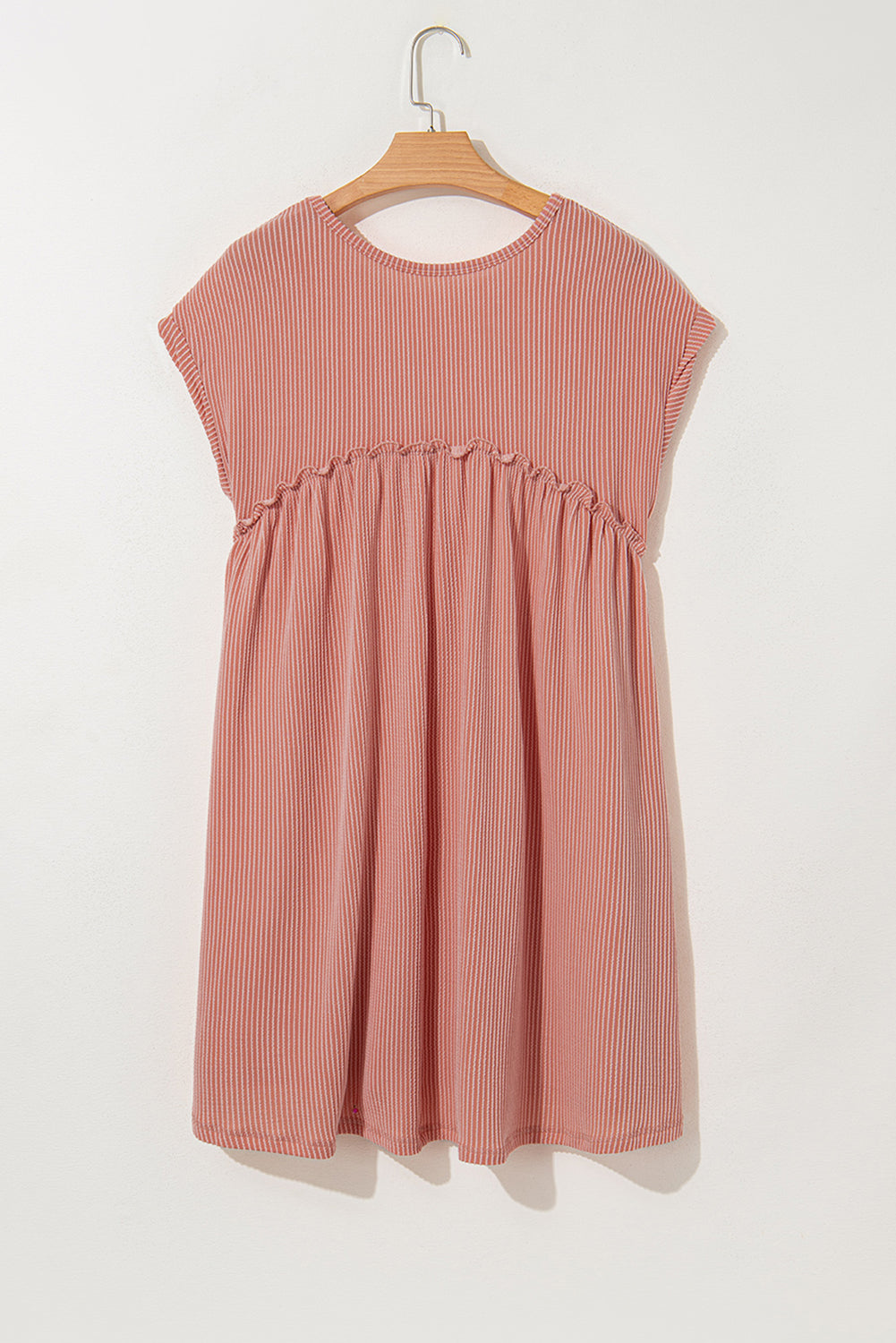 Dusty Pink Corded Knit Textured Patched Pocket Frilled Swing Mini Dress with Pockets 🇨🇳