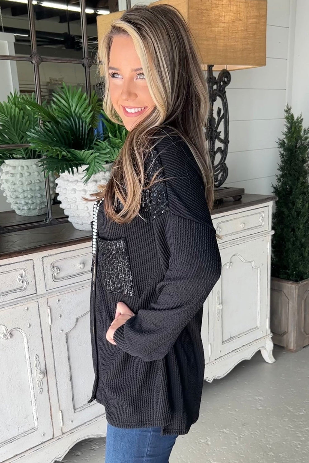 Black Sequin Patch Chest Pocket Corded Shacket 🇺🇲