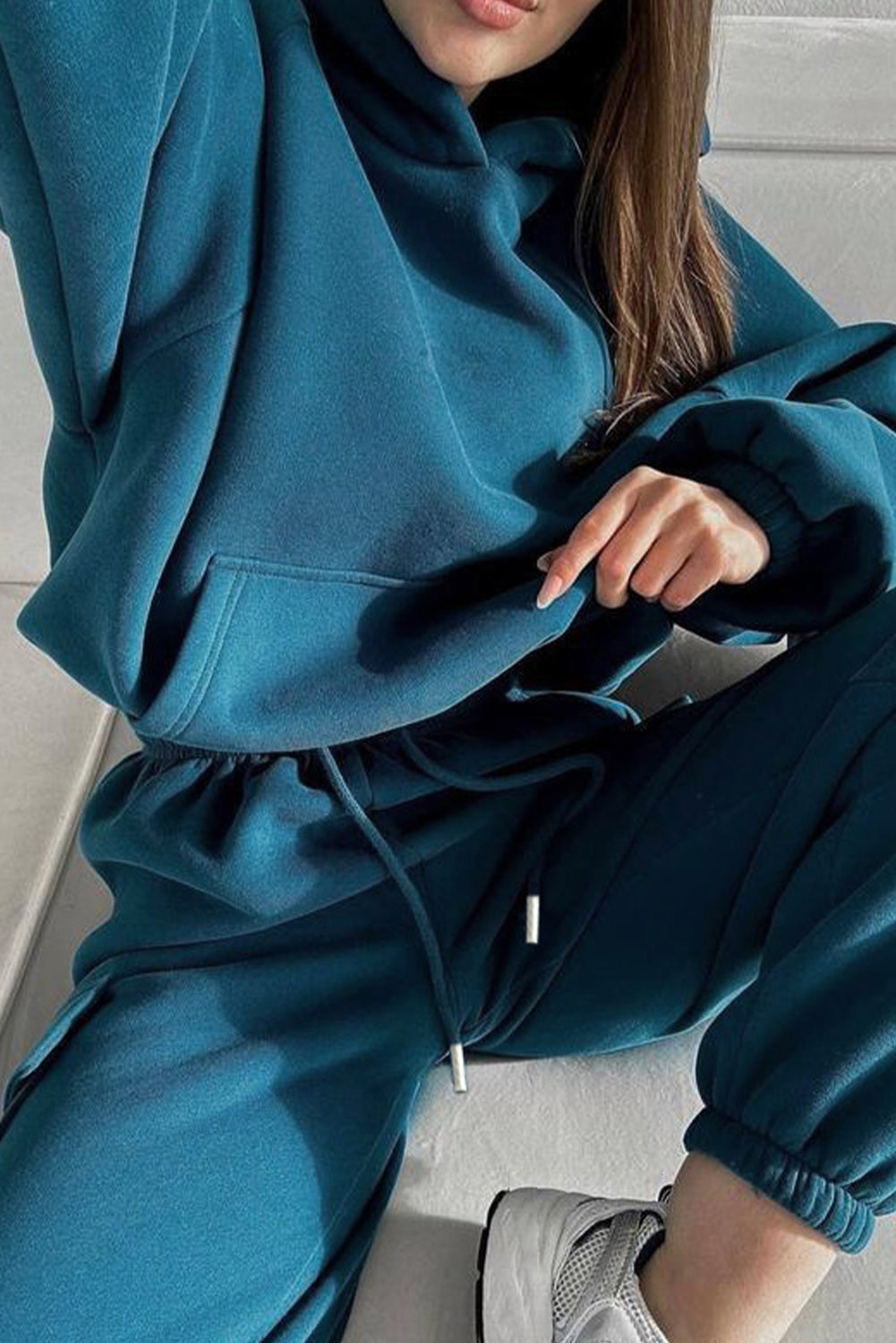 Peacock Blue Cozy Hooded Sweatshirt Drawstring Elastic Waistband Cargo Pant Set 🇺🇸