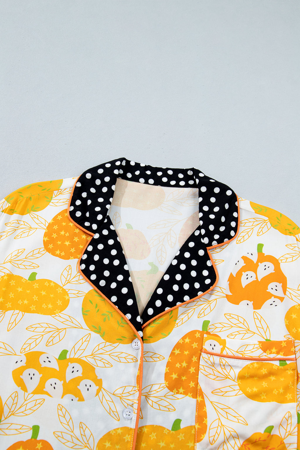 Orange Short Sleeve Pumpkin Print Polka Dot Trim Pocket Pocket Placket Lounge Set 🇺🇸