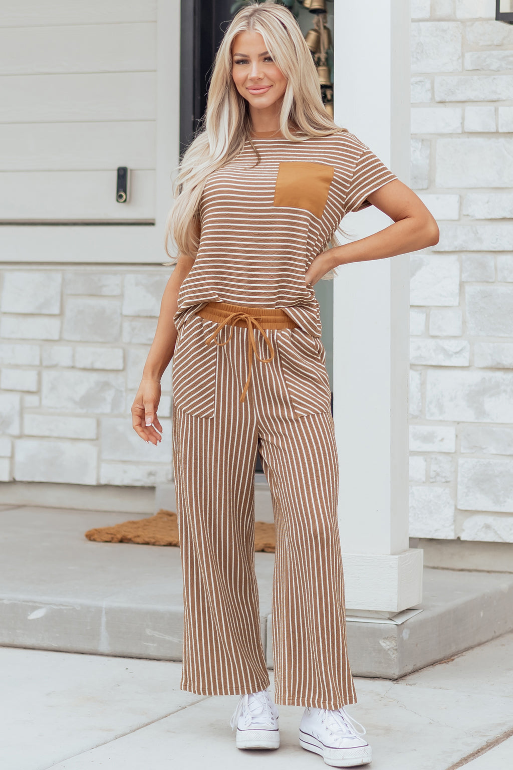 Khaki Stripe Crew Neck Tee Drawstring Waist Cropped Pants Set 🇺🇸