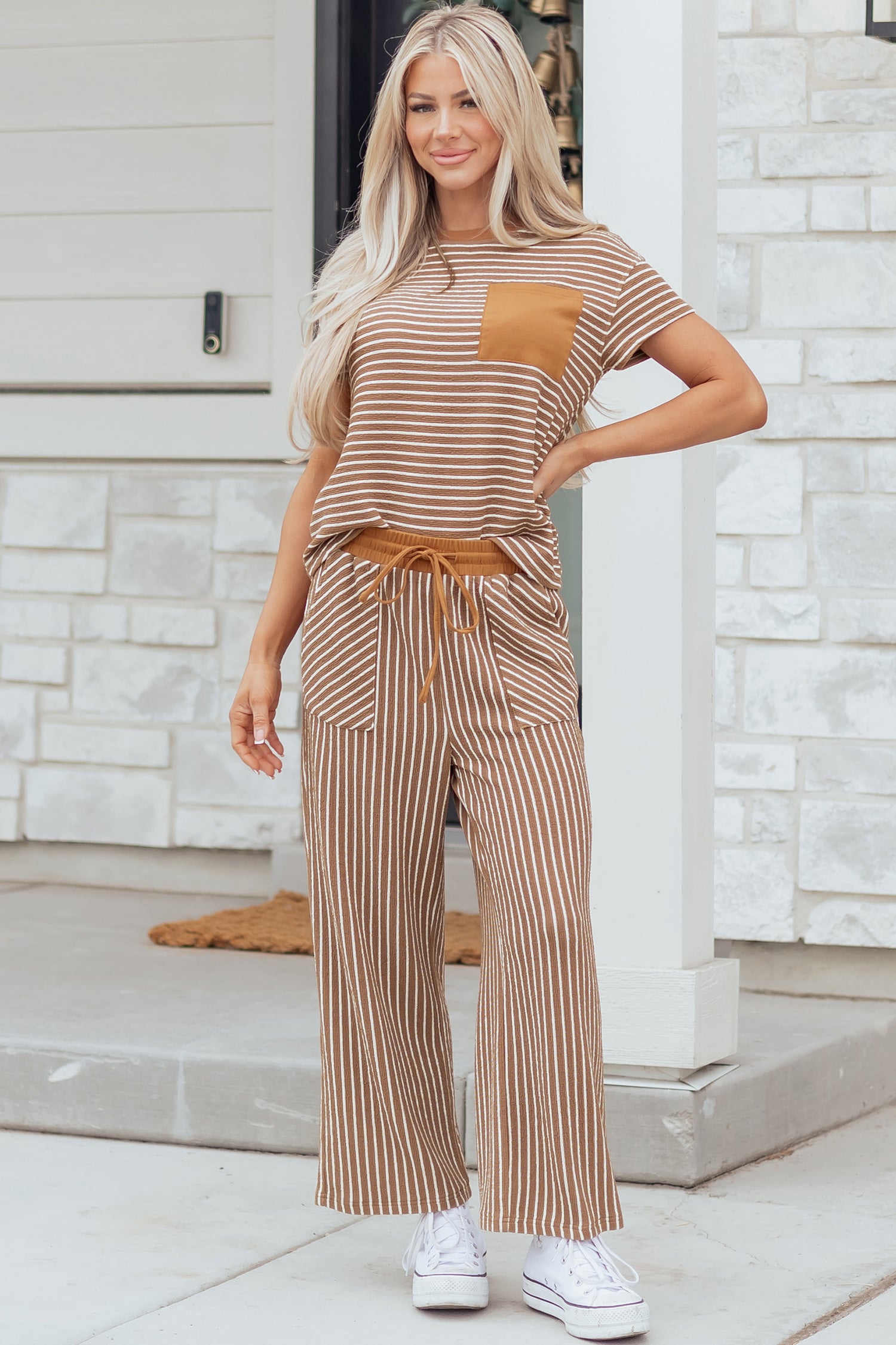 Khaki Stripe Crew Neck Tee Drawstring Waist Cropped Pants Set 🇺🇸