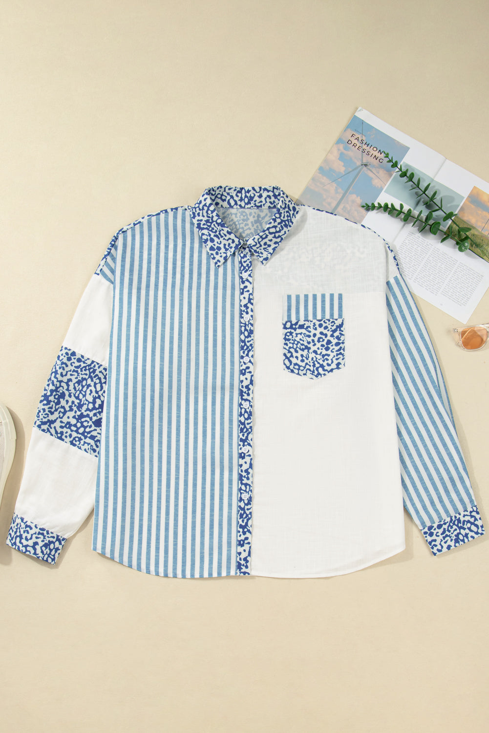Sky Blue Leopard Striped Patchwork Casual Plus Shirt 🇺🇸