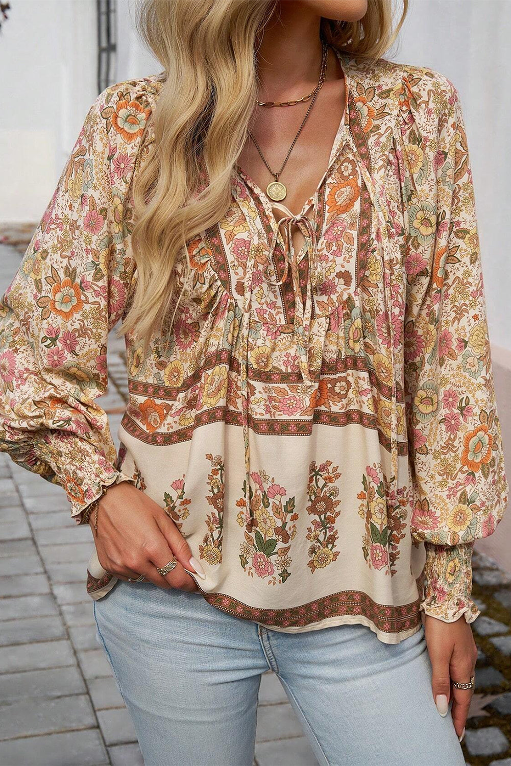 Yellow Floral Print Tie Neck Lantern Sleeve Blouse 🇺🇸