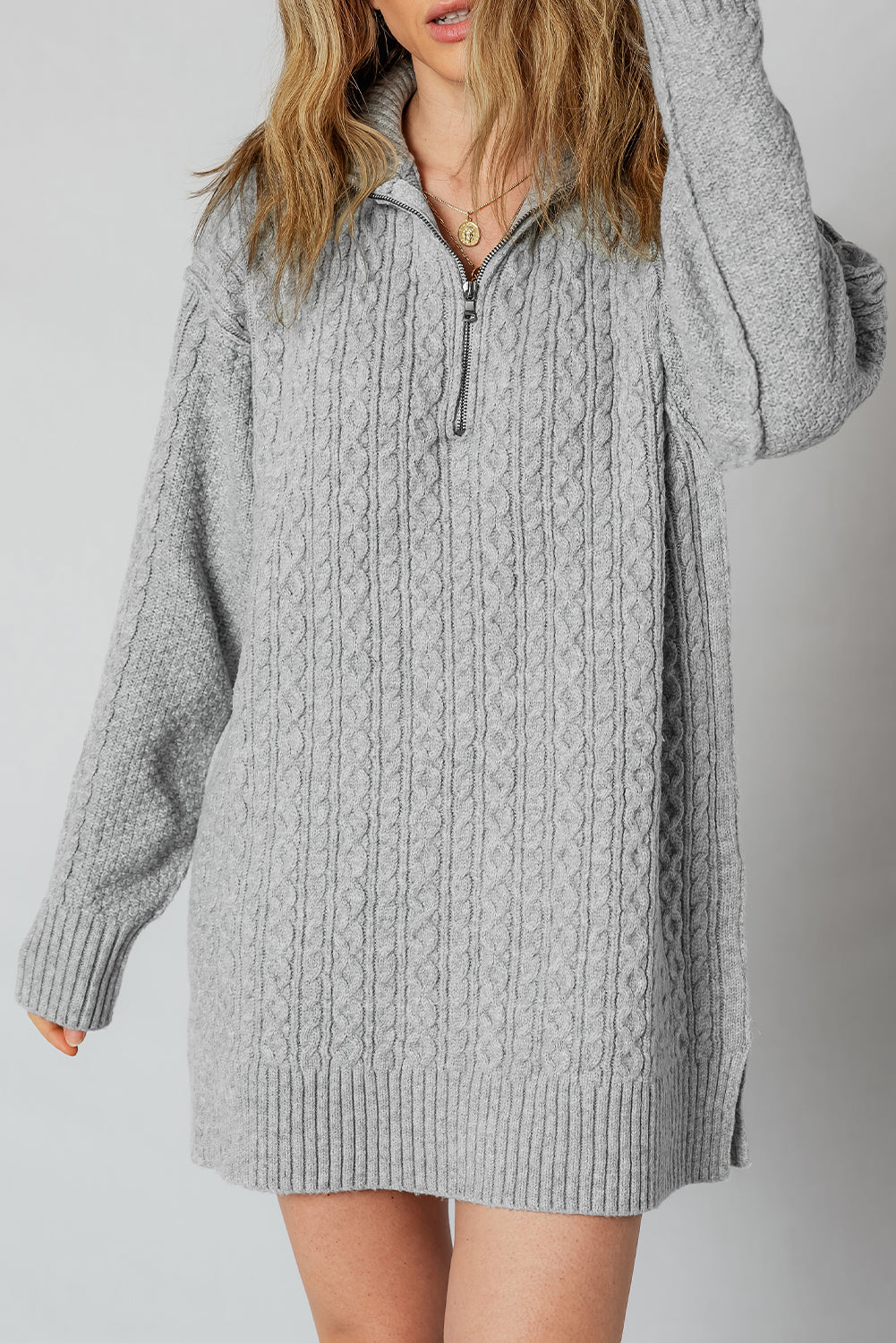 High Cable Knit Quarter Zip Ribbed Trim Loose Sweater Dress 🇺🇸