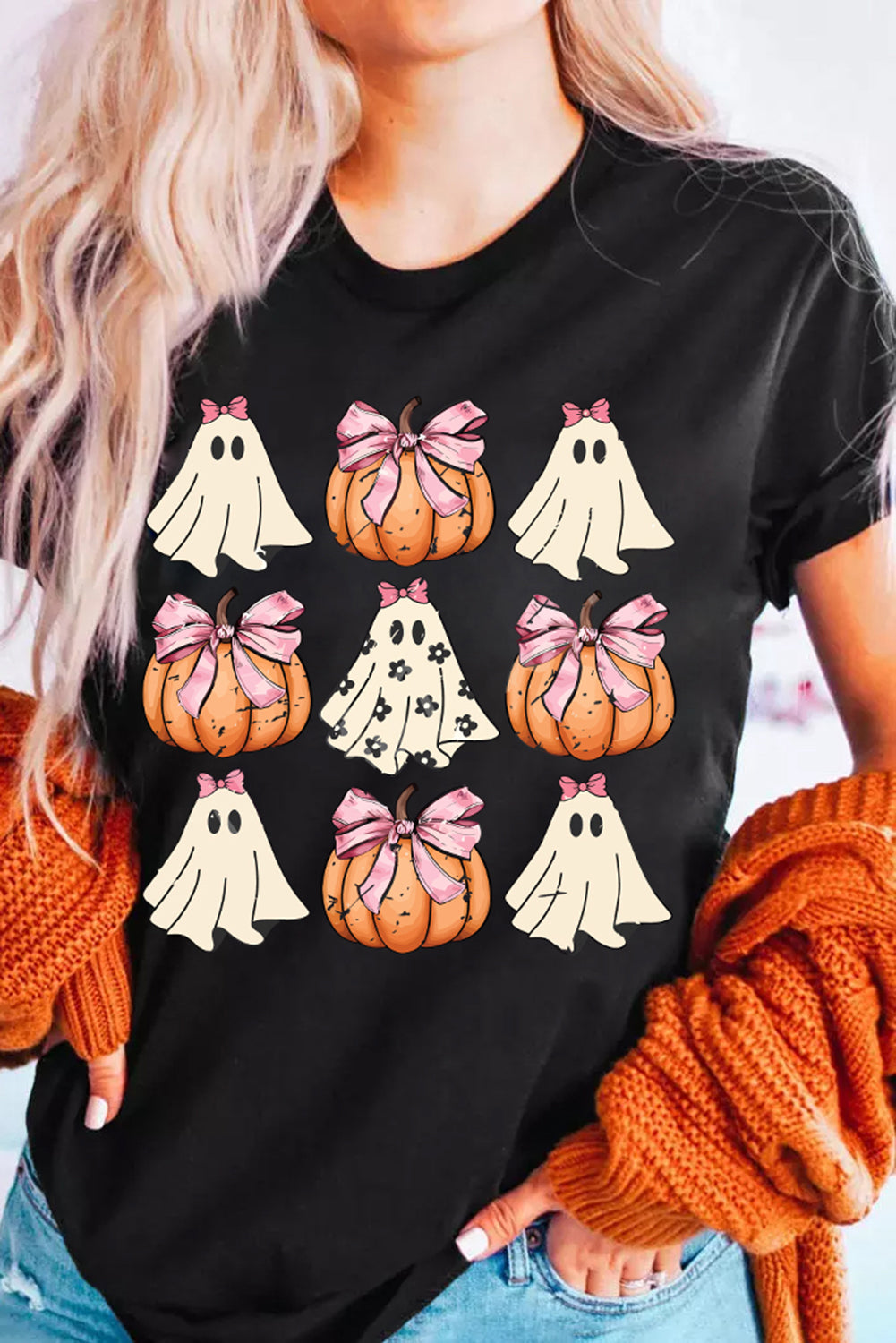 Black Bowknot Ghost Pumpkin Graphic Halloween T Shirt 🇺🇲