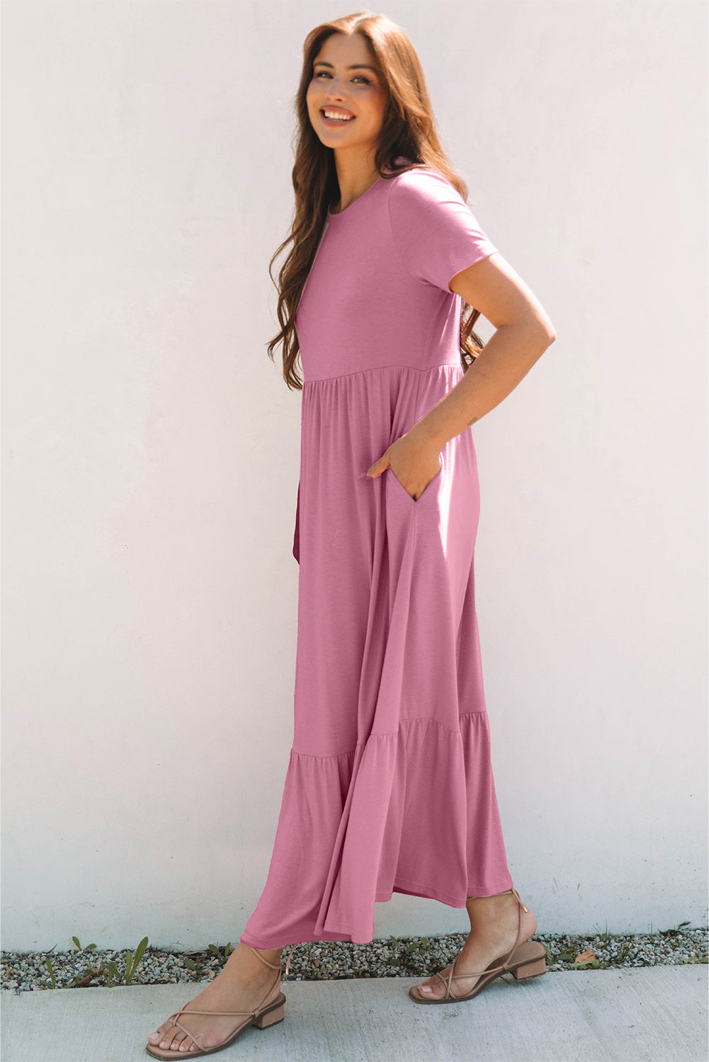 Pink Solid Color T-shirt High Waist Pocketed Long Dress 🇨🇳
