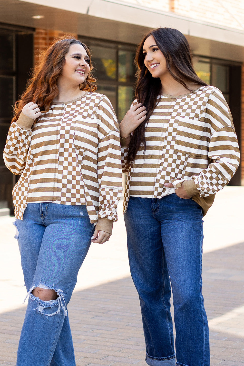 Khaki Striped Checkered Mixed Print Chest Pocket Casual Plus Size Top 🇺🇸