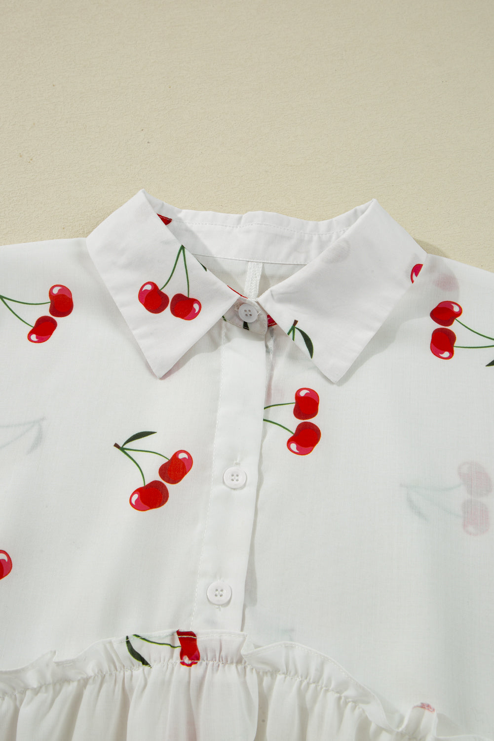 White Cherry Print Flounce Sleeve Collared Frilled Babydoll Blouse 🇺🇸