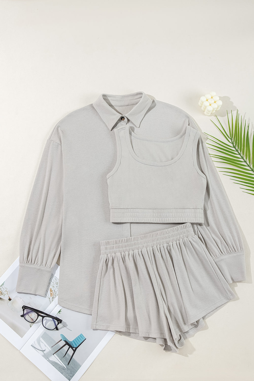 Gray 3 Pcs Crop Tank Top Shorts with Cardigan Lounge Set 🇨🇳