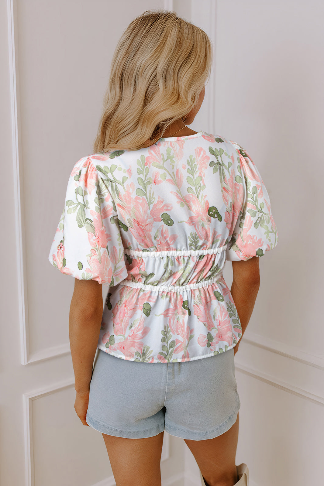 Pink Floral Puff Sleeve V Neck Tied Front Peplum Blouse 🇨🇳
