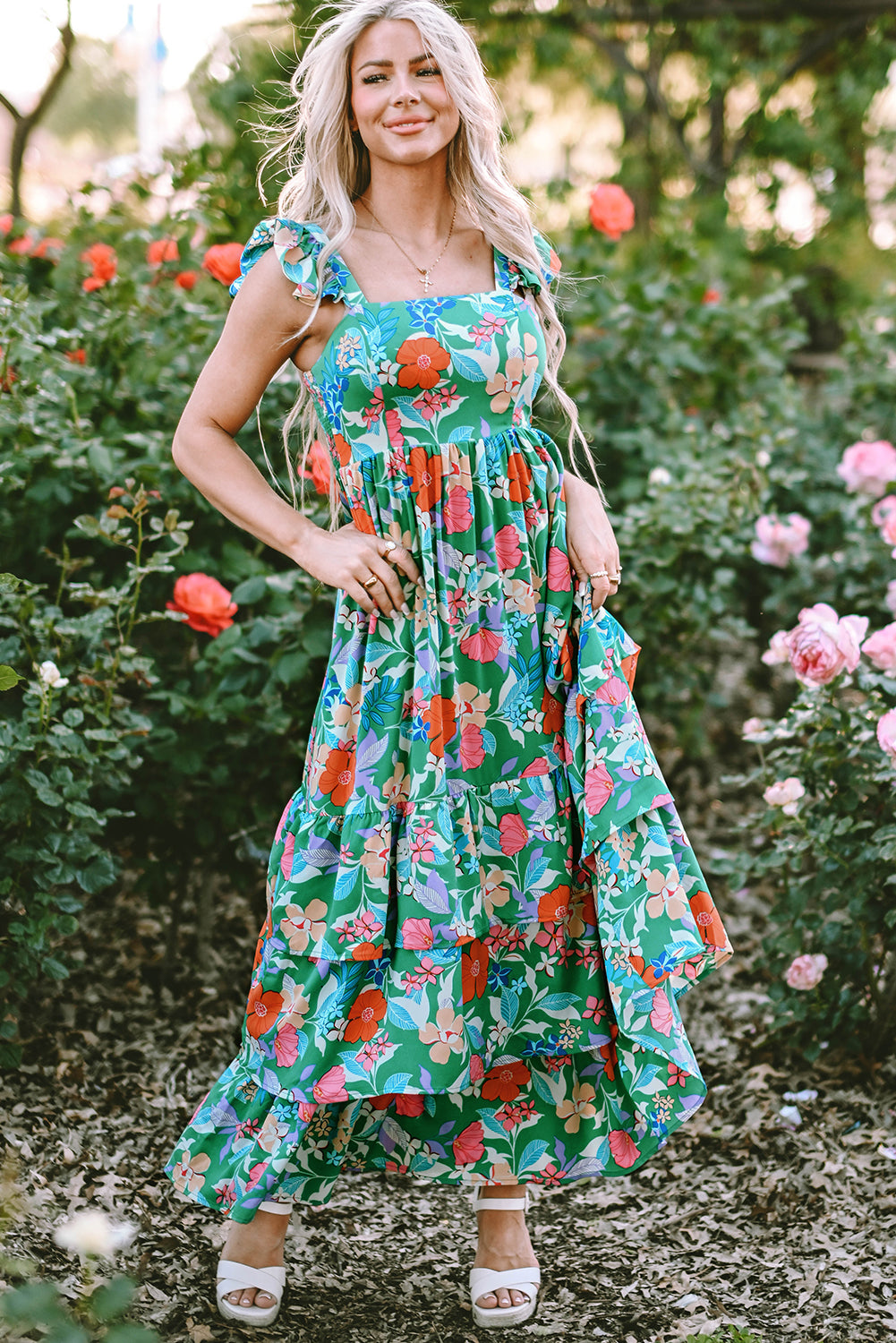 Green Floral Print Sleeveless Ruffle Tiered Maxi Dress 🇺🇸