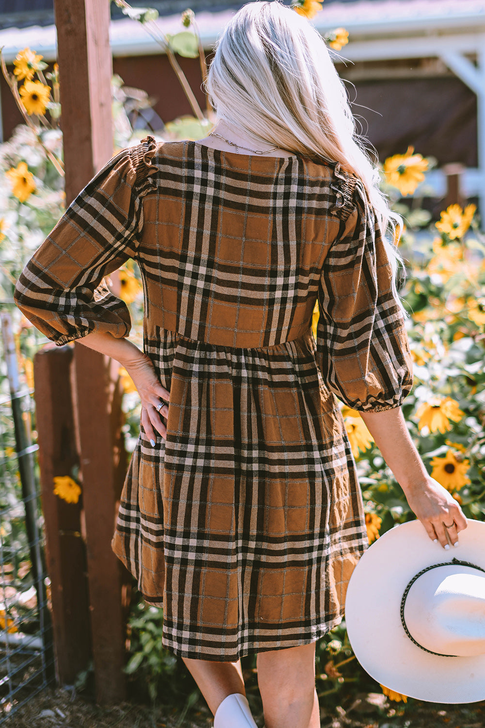 Brown Plaid Pattern Empire Waist Babydoll Dress 🇺🇸