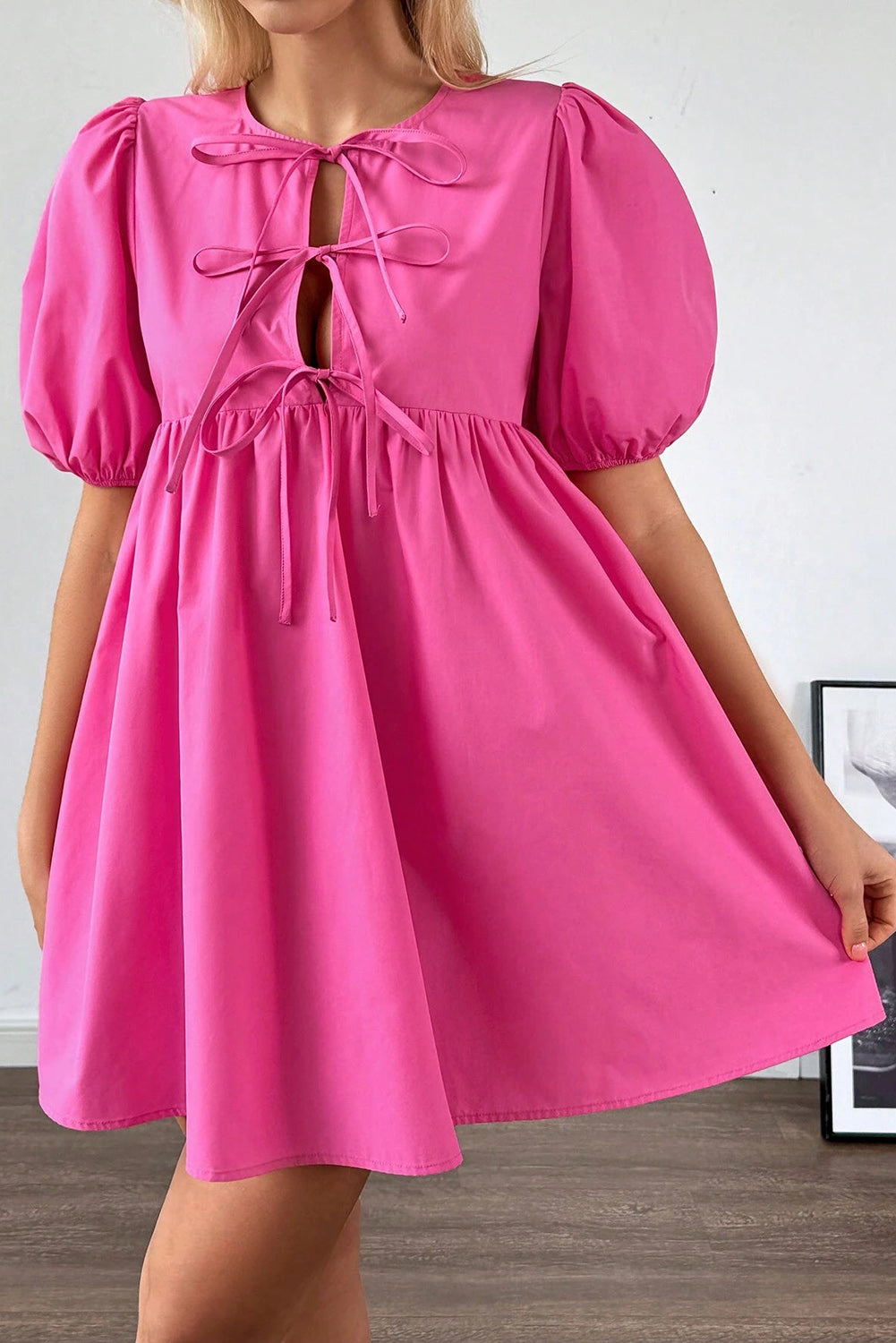 Bright Pink Solid Color Puff Sleeve Tie Front High Waist Mini Dress 🇺🇸