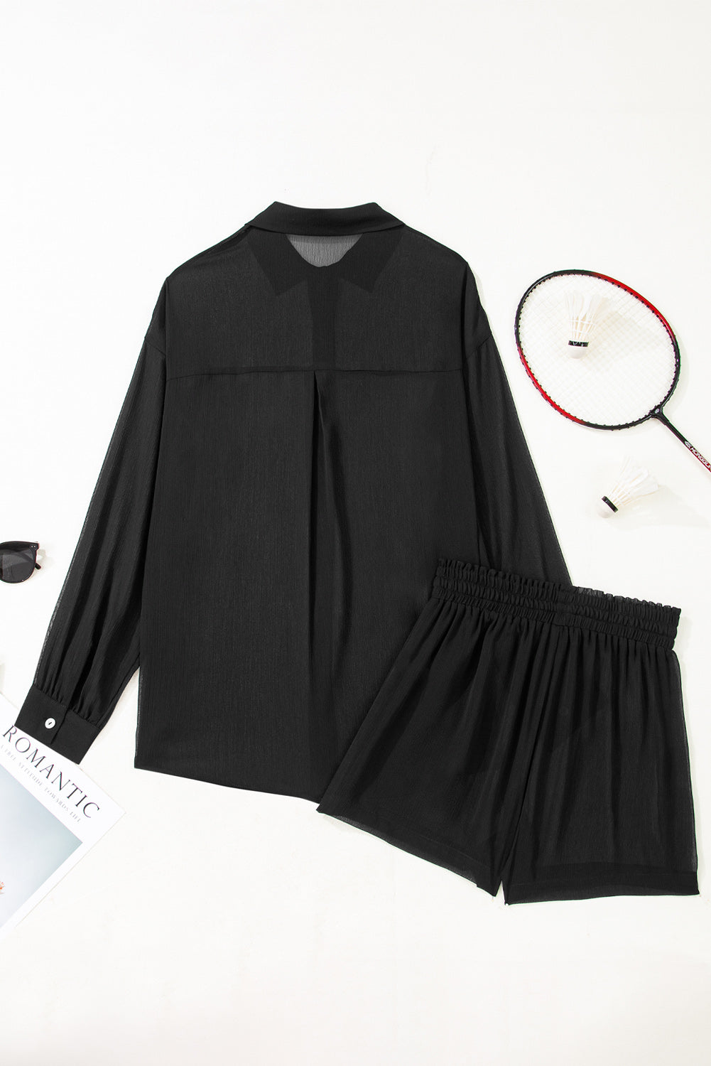 Black Sheer Tunic Shirt Drawstring Shorts 2pcs Swim Cover Up 🇺🇸