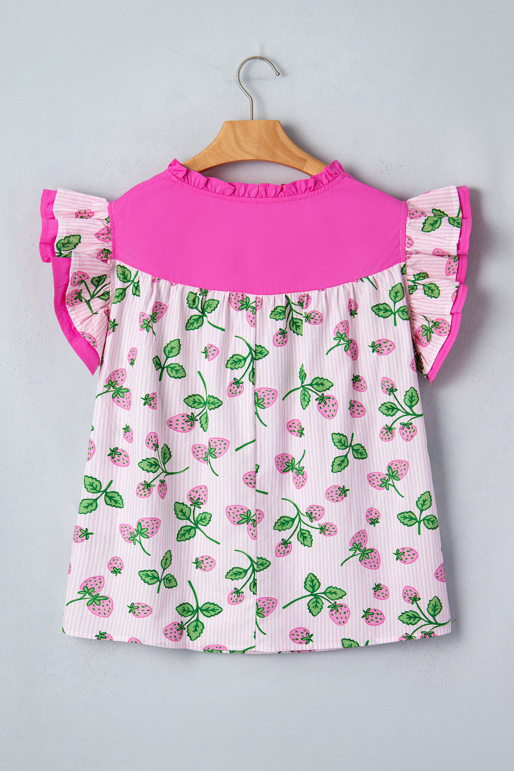 Pink Striped Strawberry Printed Color Block Patchwork V Neck Flutter Sleeve Blouse 🇺🇸