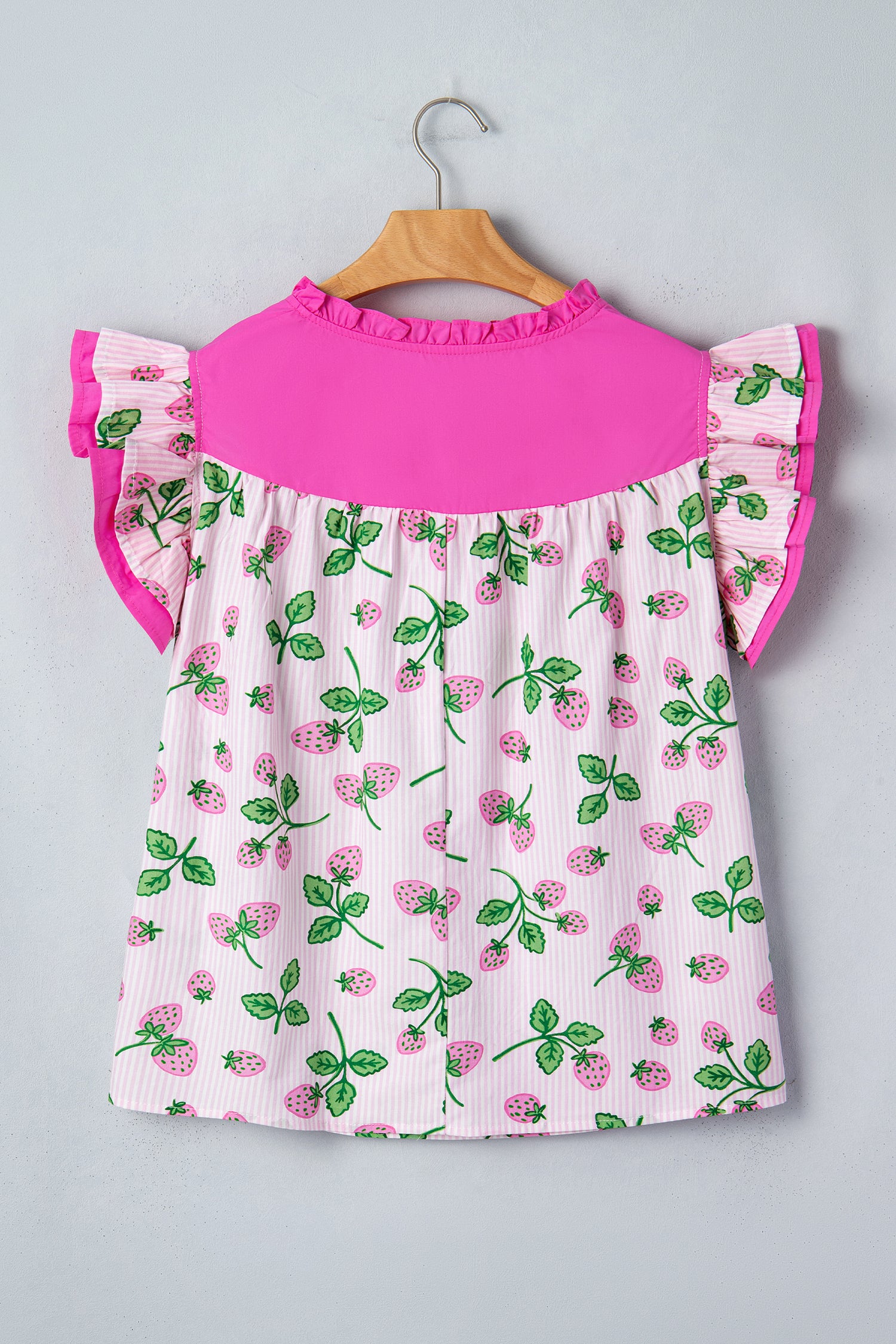 Pink Striped Strawberry Printed Color Block Patchwork V Neck Flutter Sleeve Blouse 🇺🇸