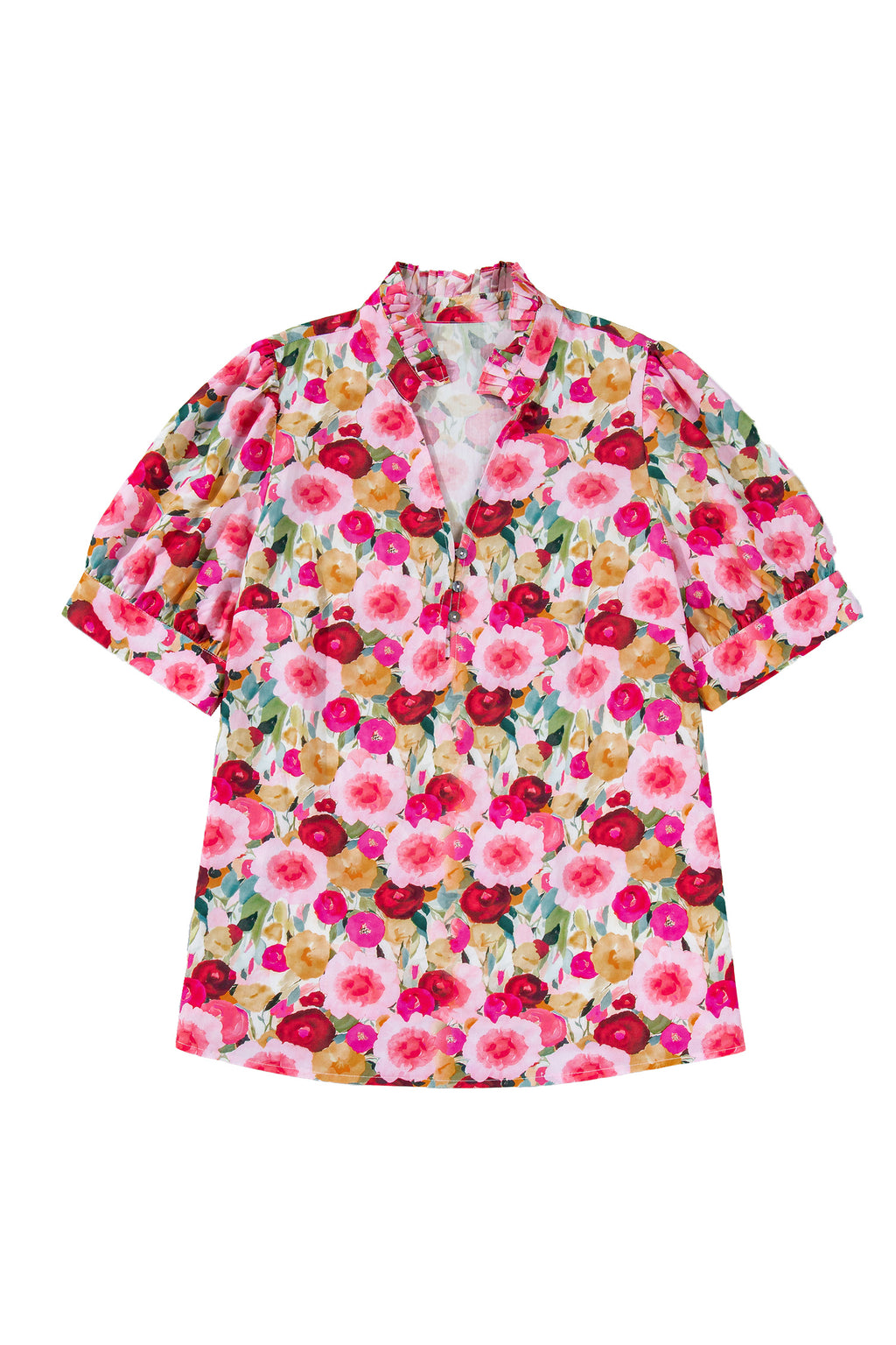 Pink Plus Size Flower Print Split V Neck Puff Short Sleeve Top 🇺🇸