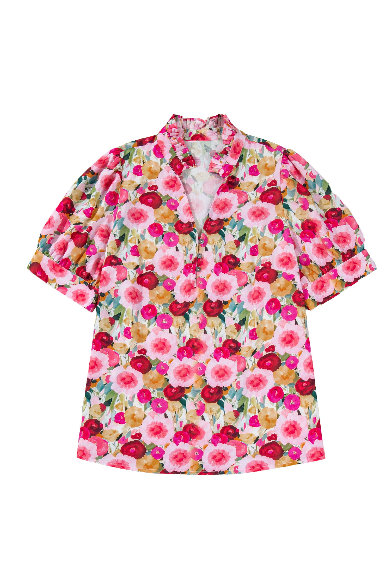 Pink Plus Size Flower Print Split V Neck Puff Short Sleeve Top 🇺🇸