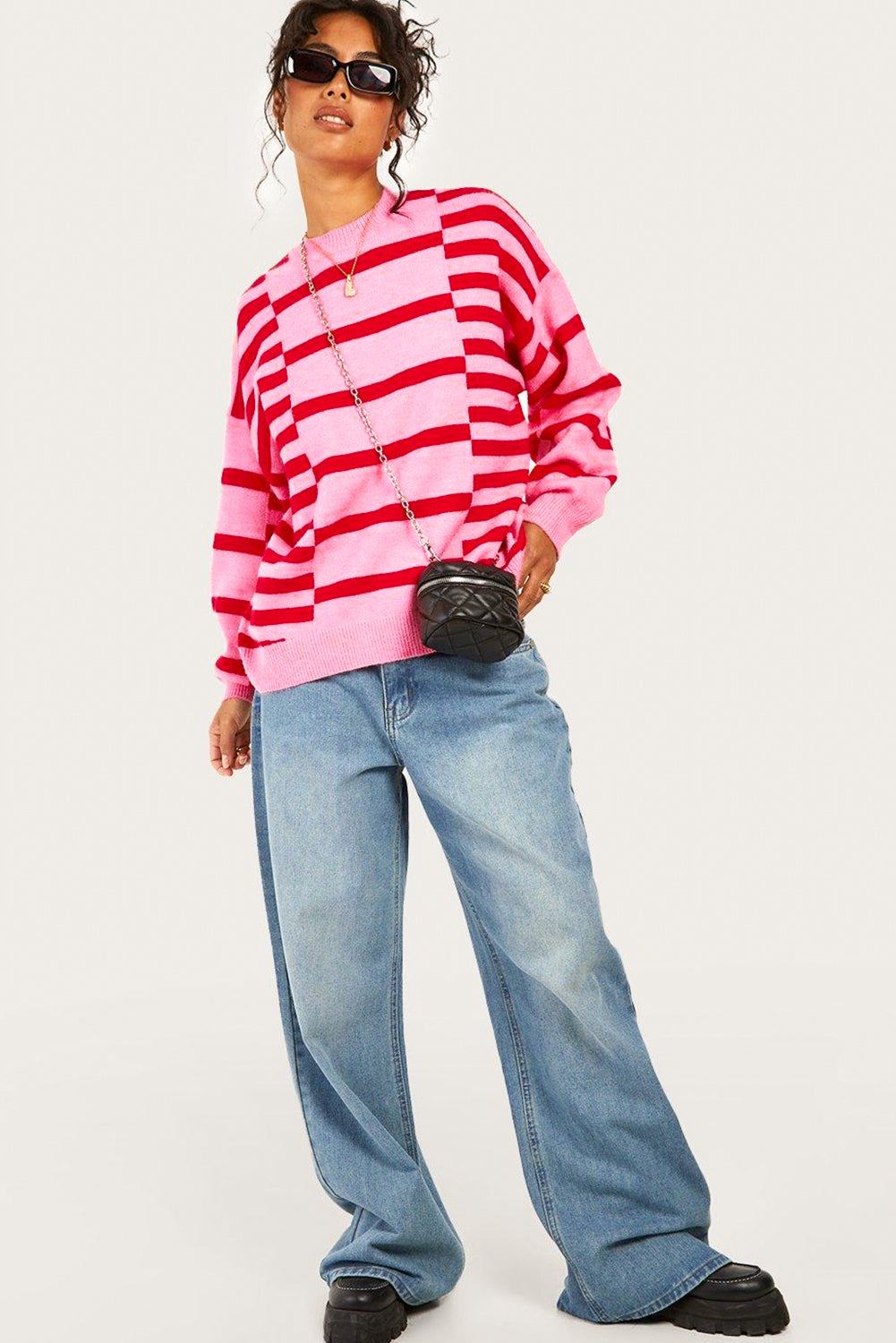 Pink Stripe Bubble Sleeve Drop Shoulder Ribbed Trim Sweater 🇺🇸