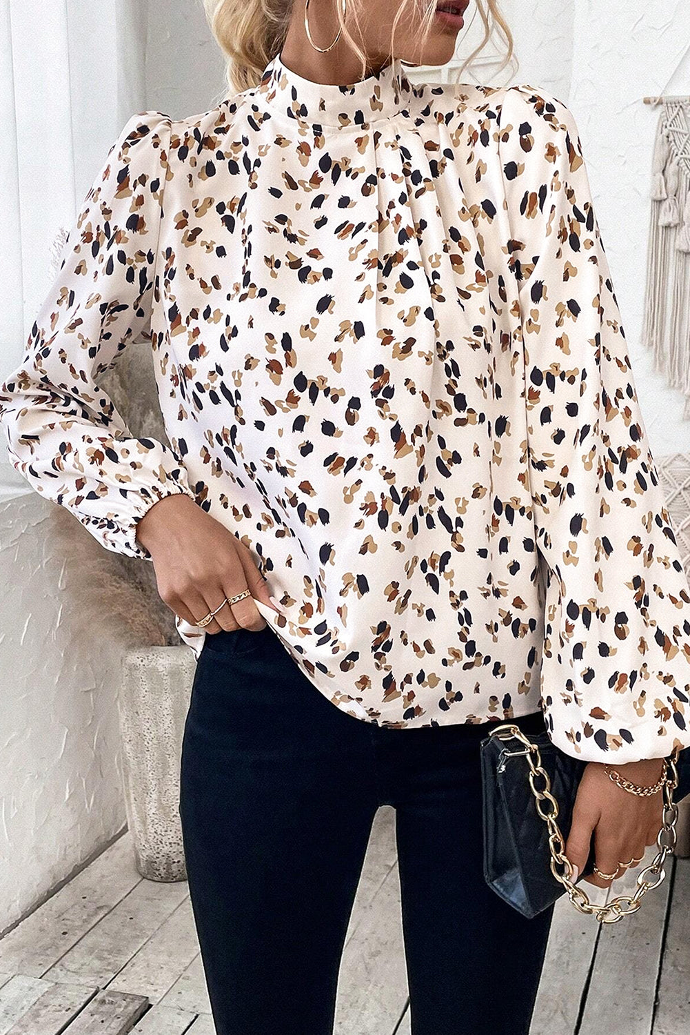 White Leopard Print Lantern Sleeve Mock Neck Pleated Blouse 🇺🇸