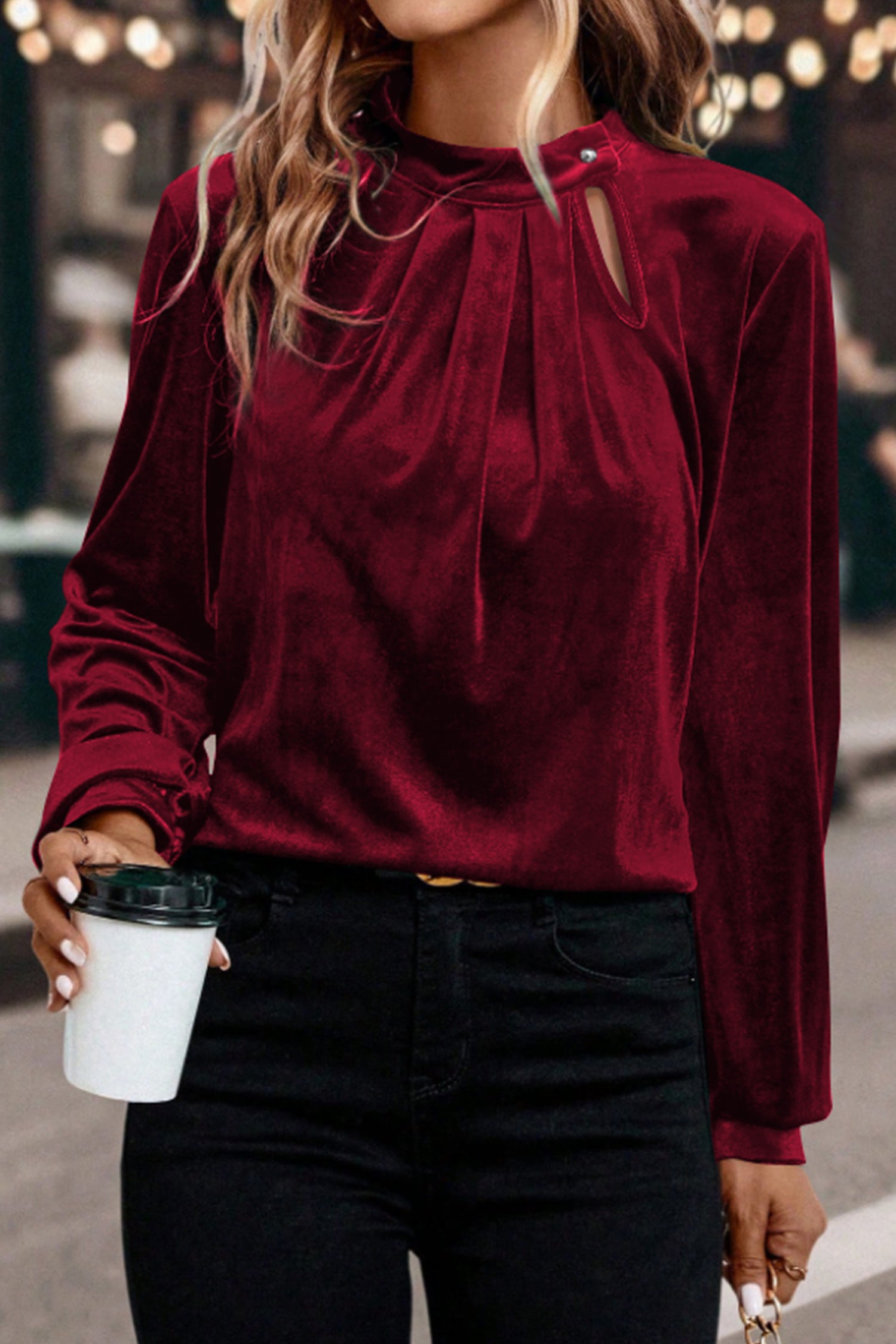 Red Dahlia Asymmetric Button Keyhole Neck Long Sleeve Velvet Blouse 🇺🇸