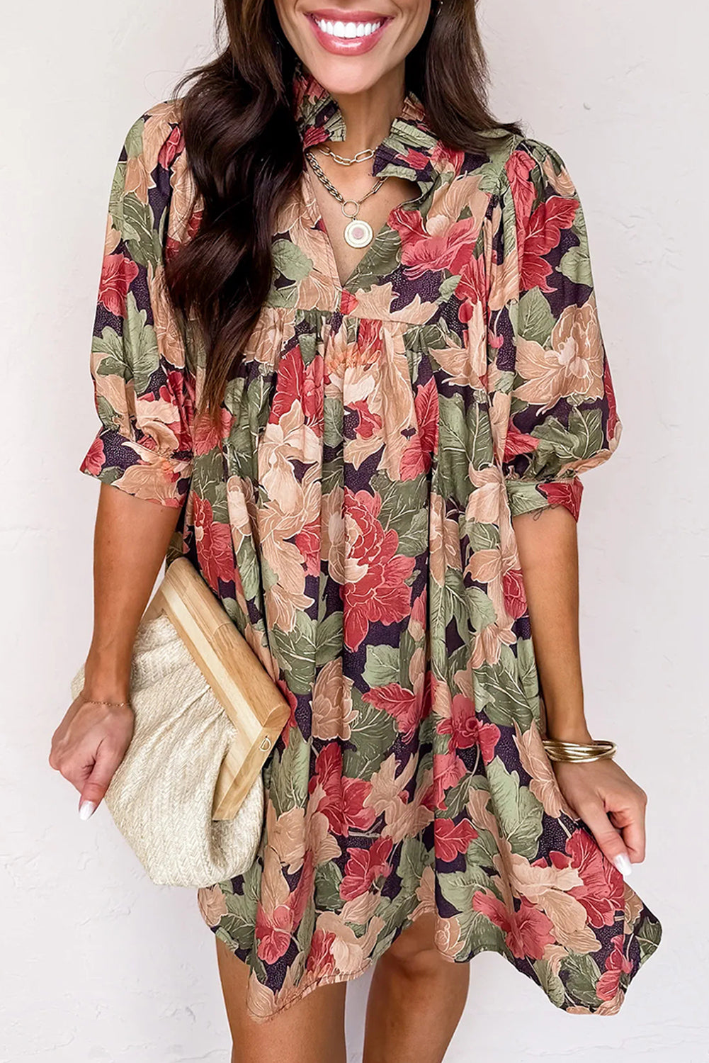 Green Floral Print Frilled Collar V Neck Half Sleeve Mini Dress 🇺🇸