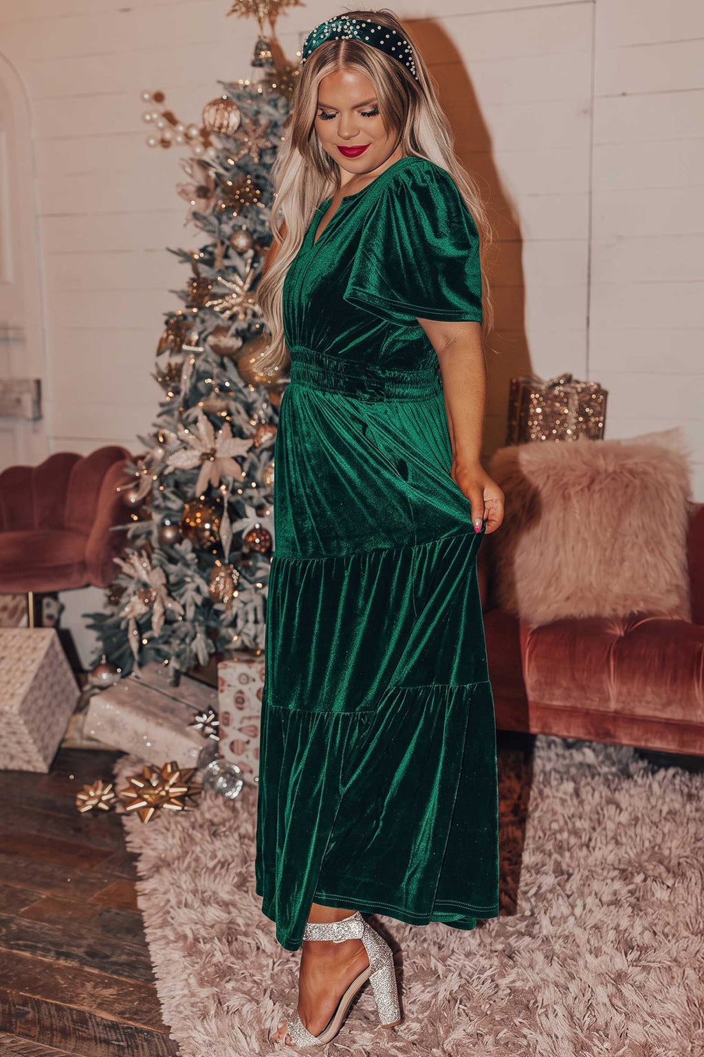 Blackish Green Velvet Short Sleeve Shirred Waist Tiered Plus Size Maxi Dress 🇺🇸