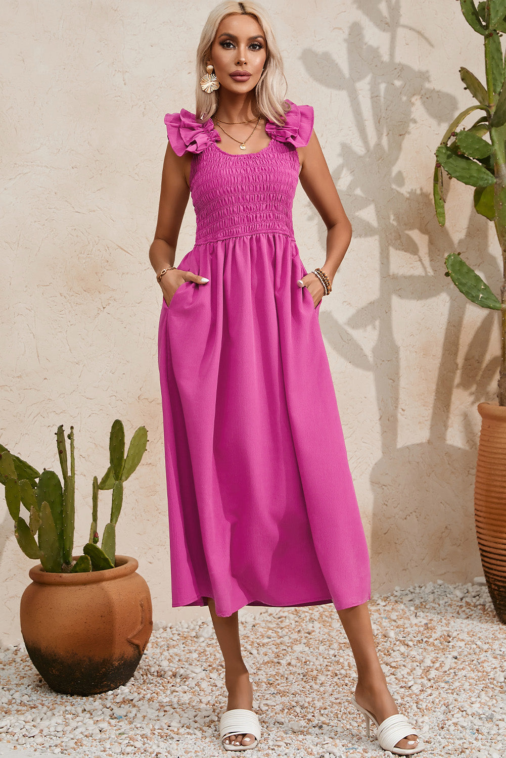 Rose Red Solid Color Ruffled Straps Smocked Ruched Maxi Dress 🇺🇸