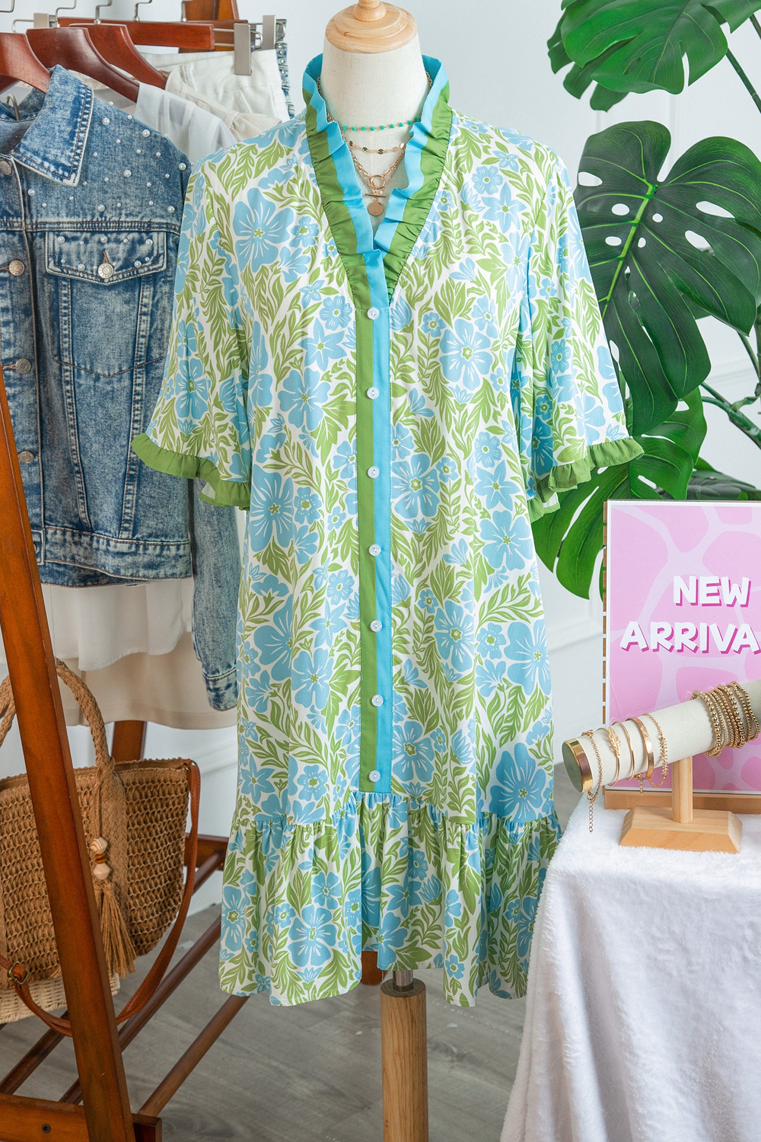 Sky Blue Botanical Floral Print Frilled Trim V Neck Button Front Loose Dress 🇺🇸