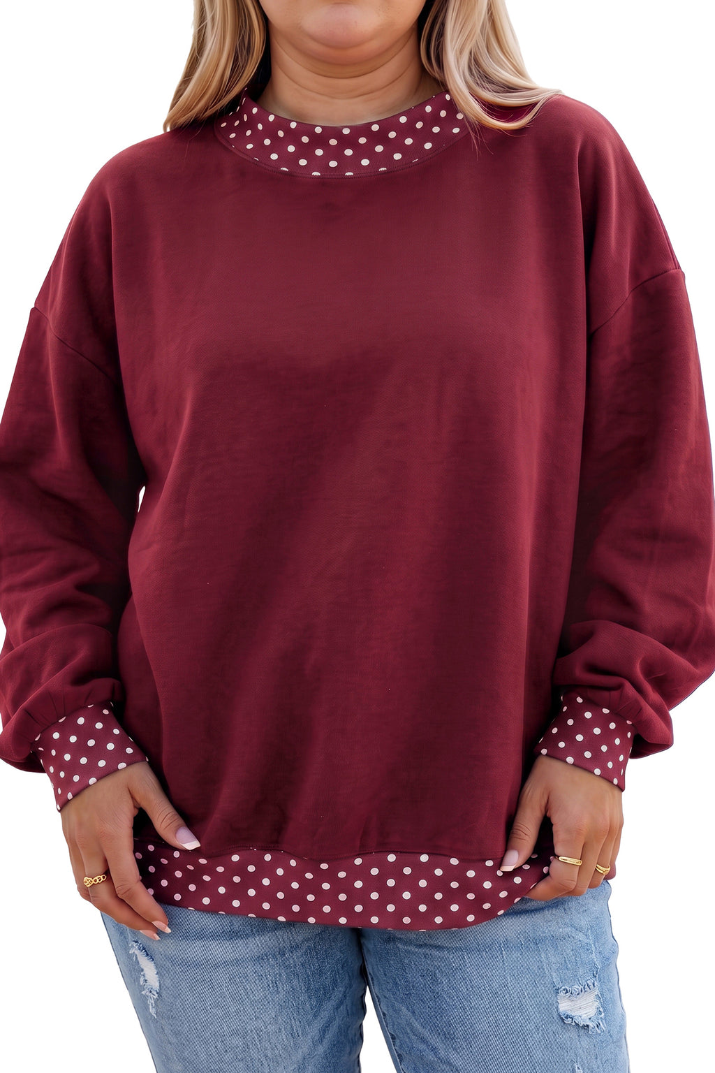 Burgundy Polka Dot Patchwork Round Neck Plus Size Sweatshirt 🇺🇸