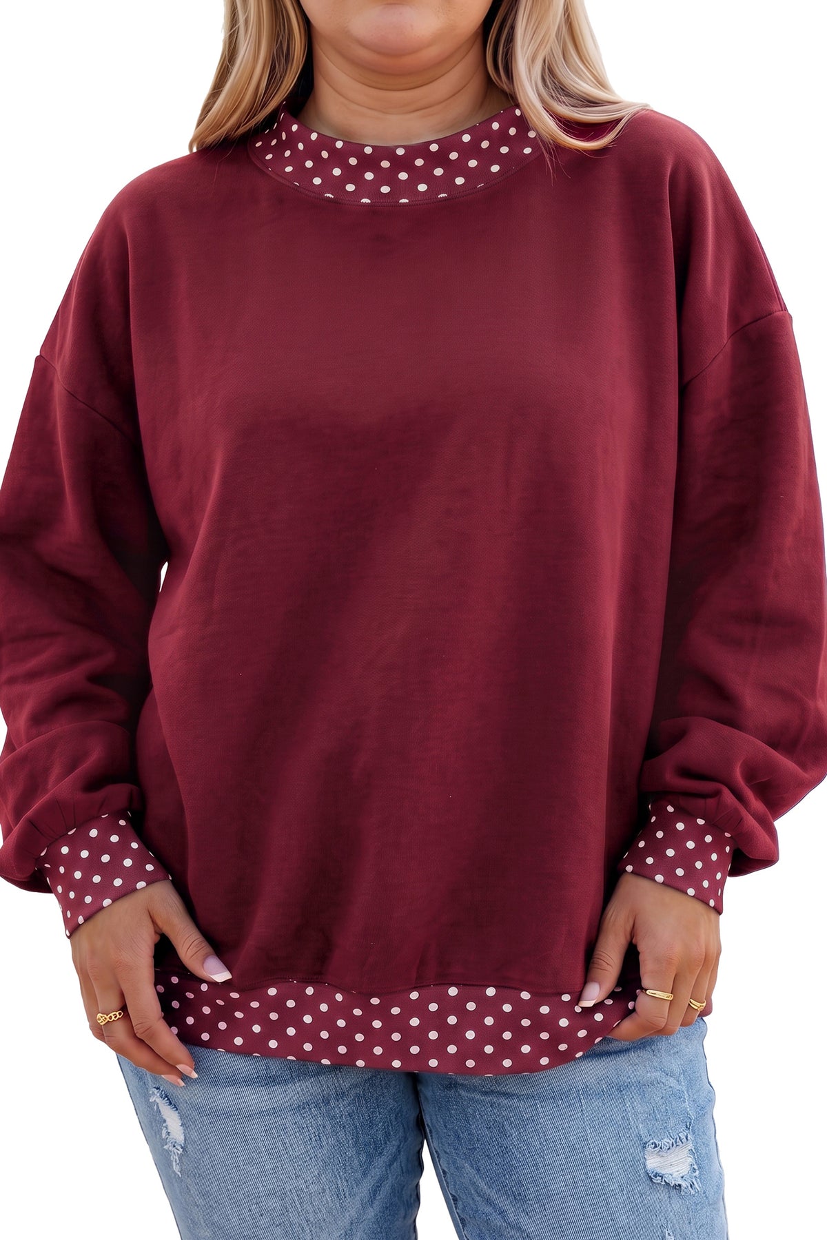 Burgundy Polka Dot Patchwork Round Neck Plus Size Sweatshirt 🇺🇸