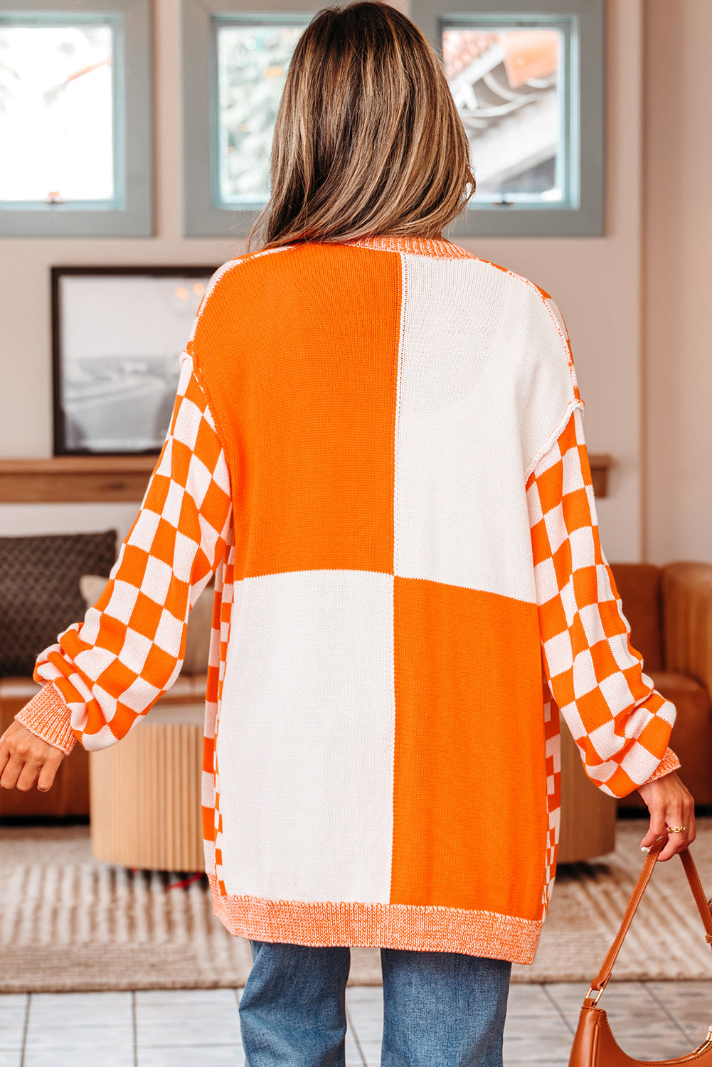 Orange Checkered Open Front Drop Shoulder Cardigan 🇺🇸