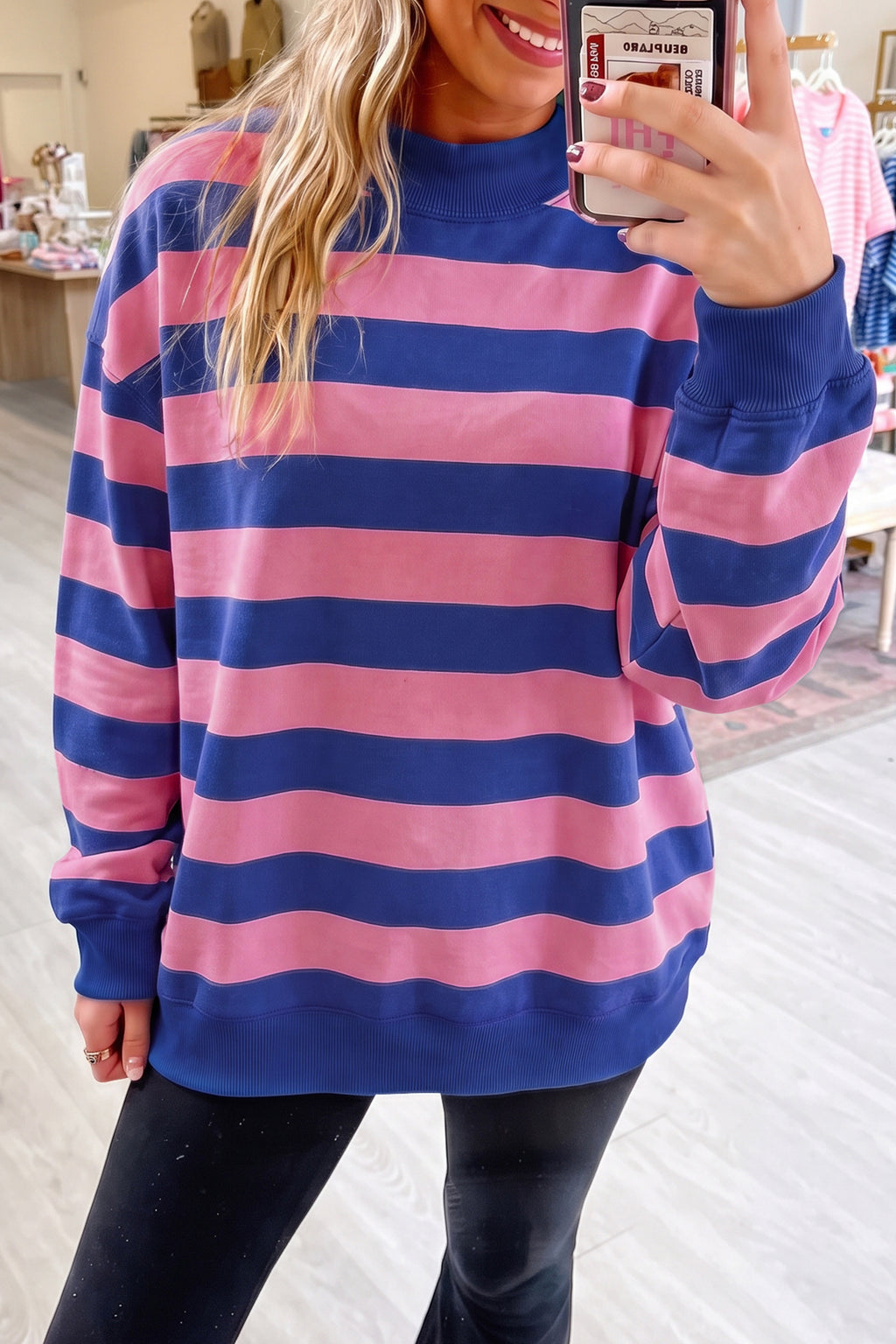 Blue Stripe Colorblock Mock Neck Relaxed Sweatshirt 🇺🇸