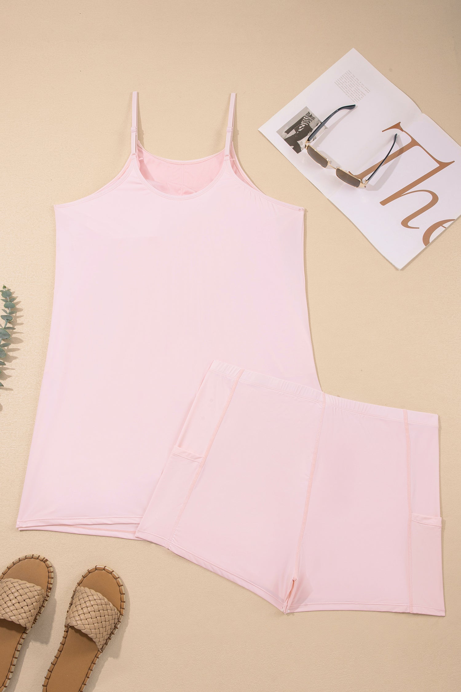 Pink Plus Size Build-in Shorts Sleeveless Dress With Short Two Piece Set 🇺🇸