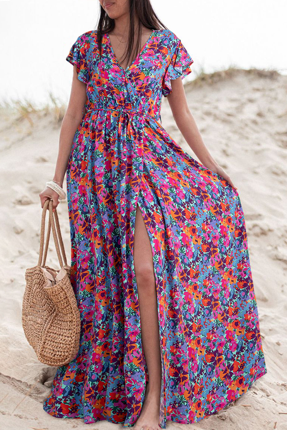 Blue Floral Print V Neck Wrap Split Maxi Dress 🇺🇸
