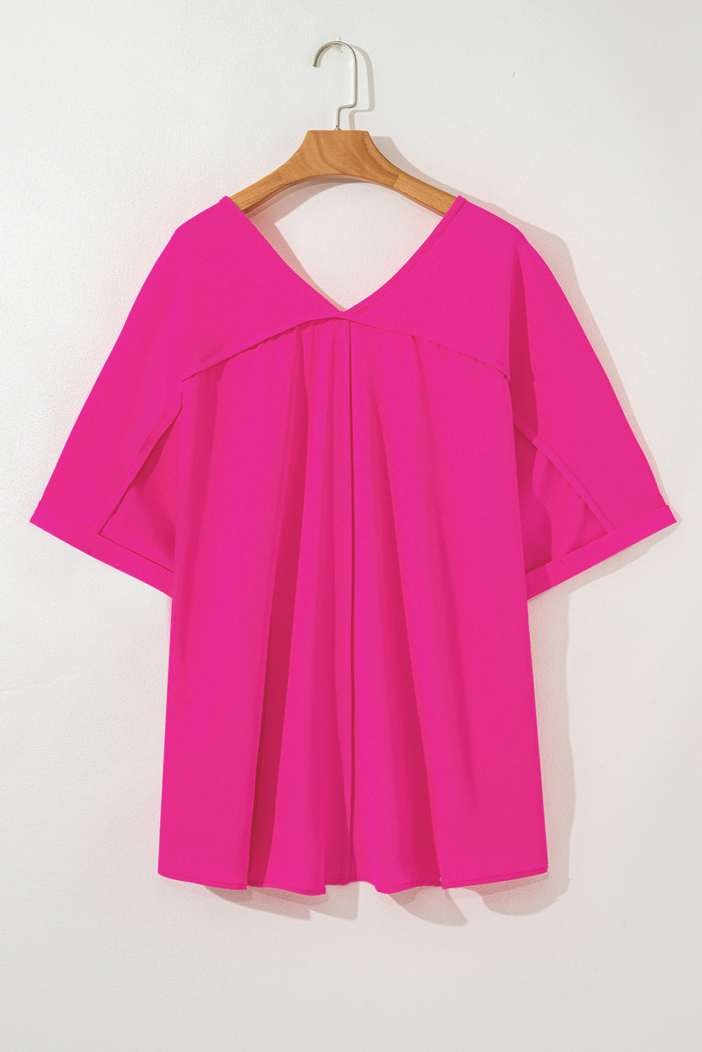 Bright Pink Seamed Back High Low Hem V Neck Cuffed Sleeve Plus Size Tee 🇺🇲