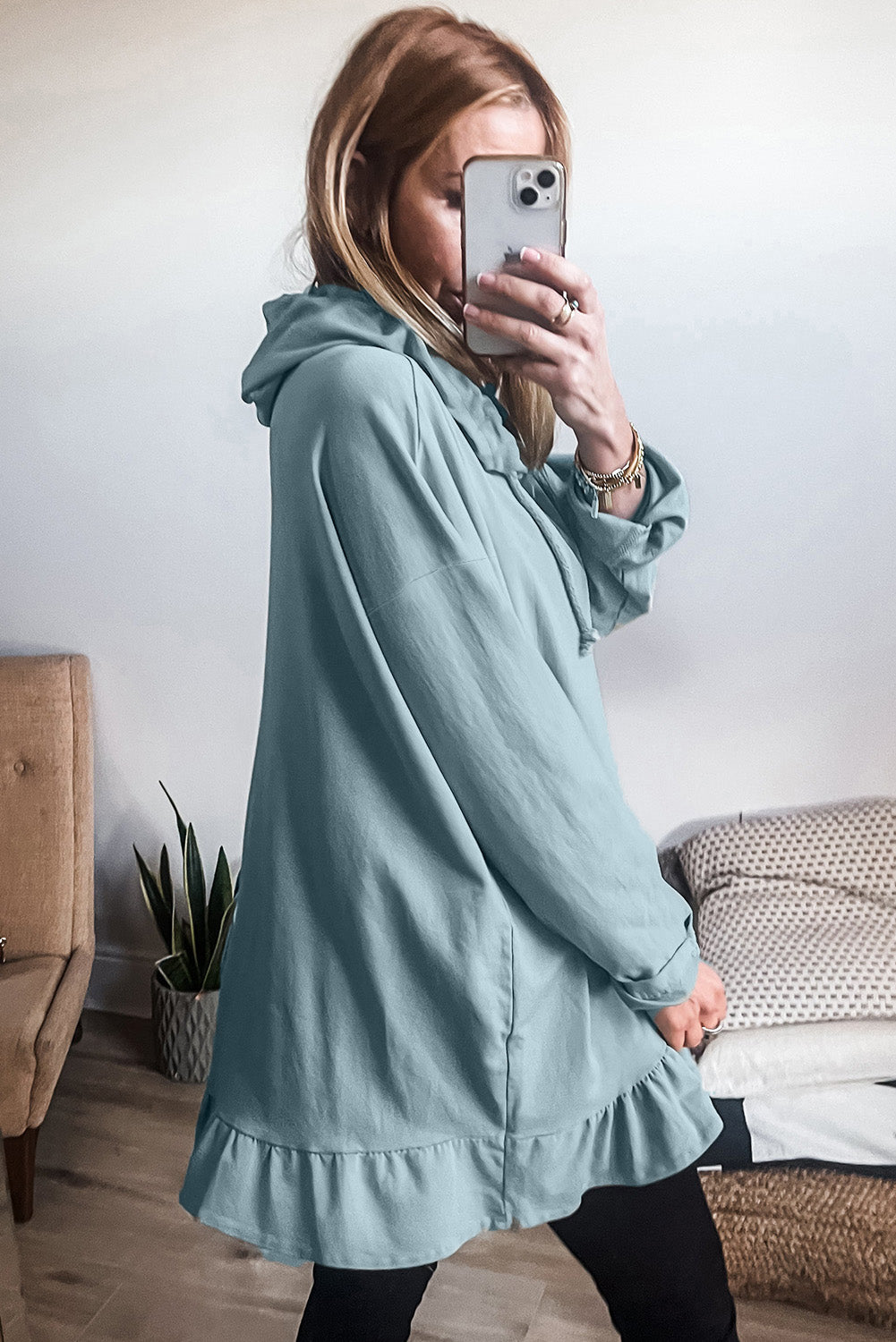 Iceland Blue Solid Ruffled Hem Loose Fit Tunic Hoodie 🇺🇸