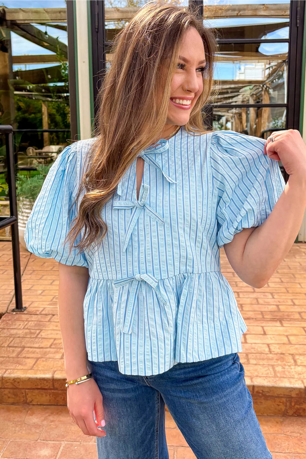 Sky Blue Stripe Bow Knot Textured Short Puff Sleeve Babydoll Blouse 🇺🇸