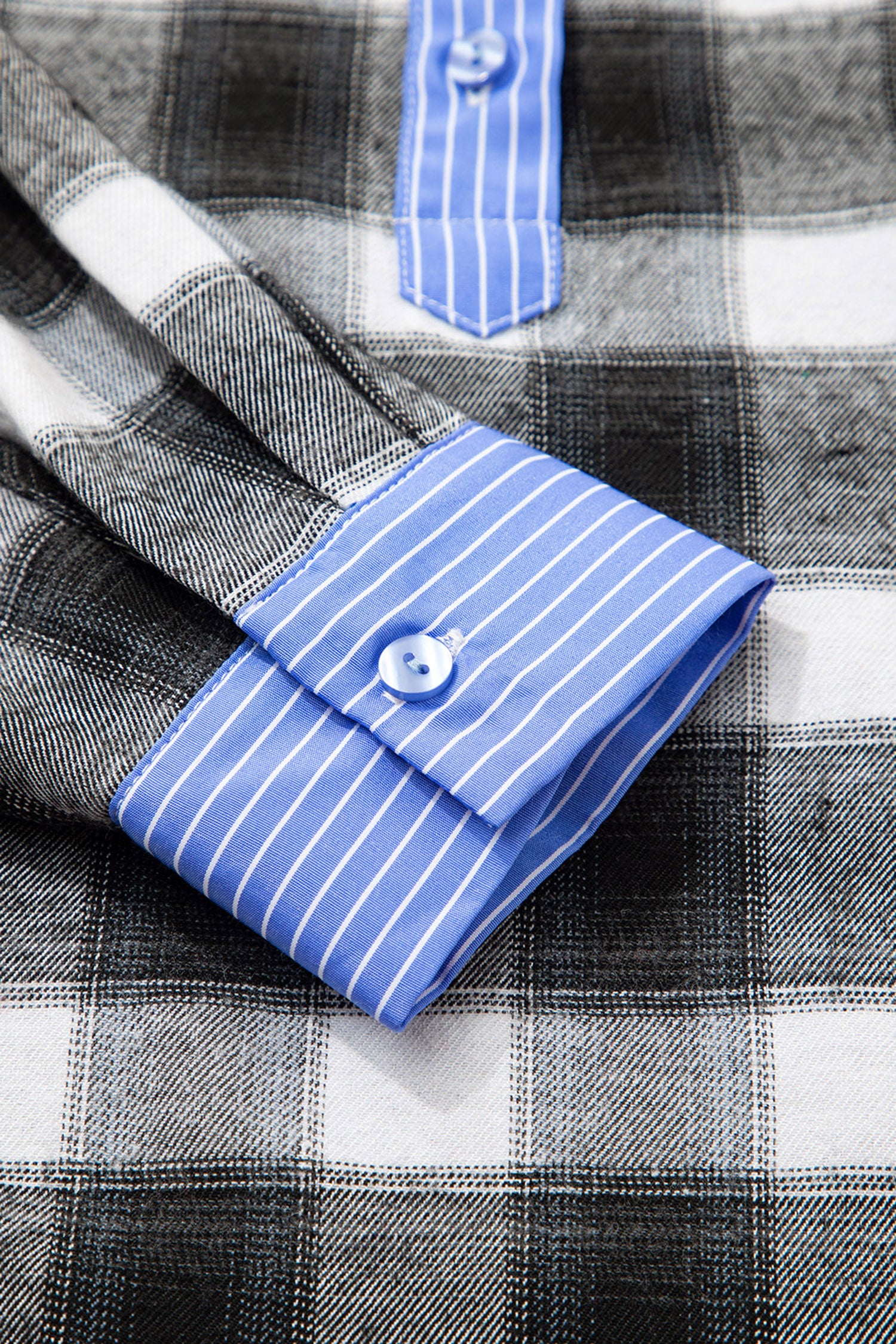 Black Contrast Striped Edge Half Placket Plaid Blouse 🇺🇸