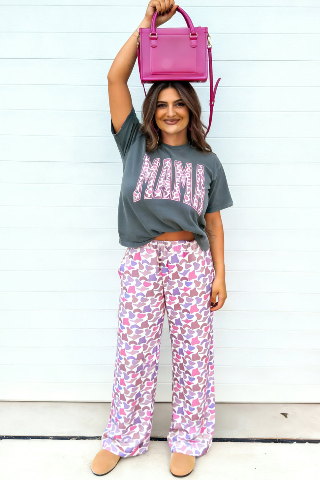Medium Grey MAMA Letter Graphic Tee Camouflage Print Loose Pant Set 🇺🇸
